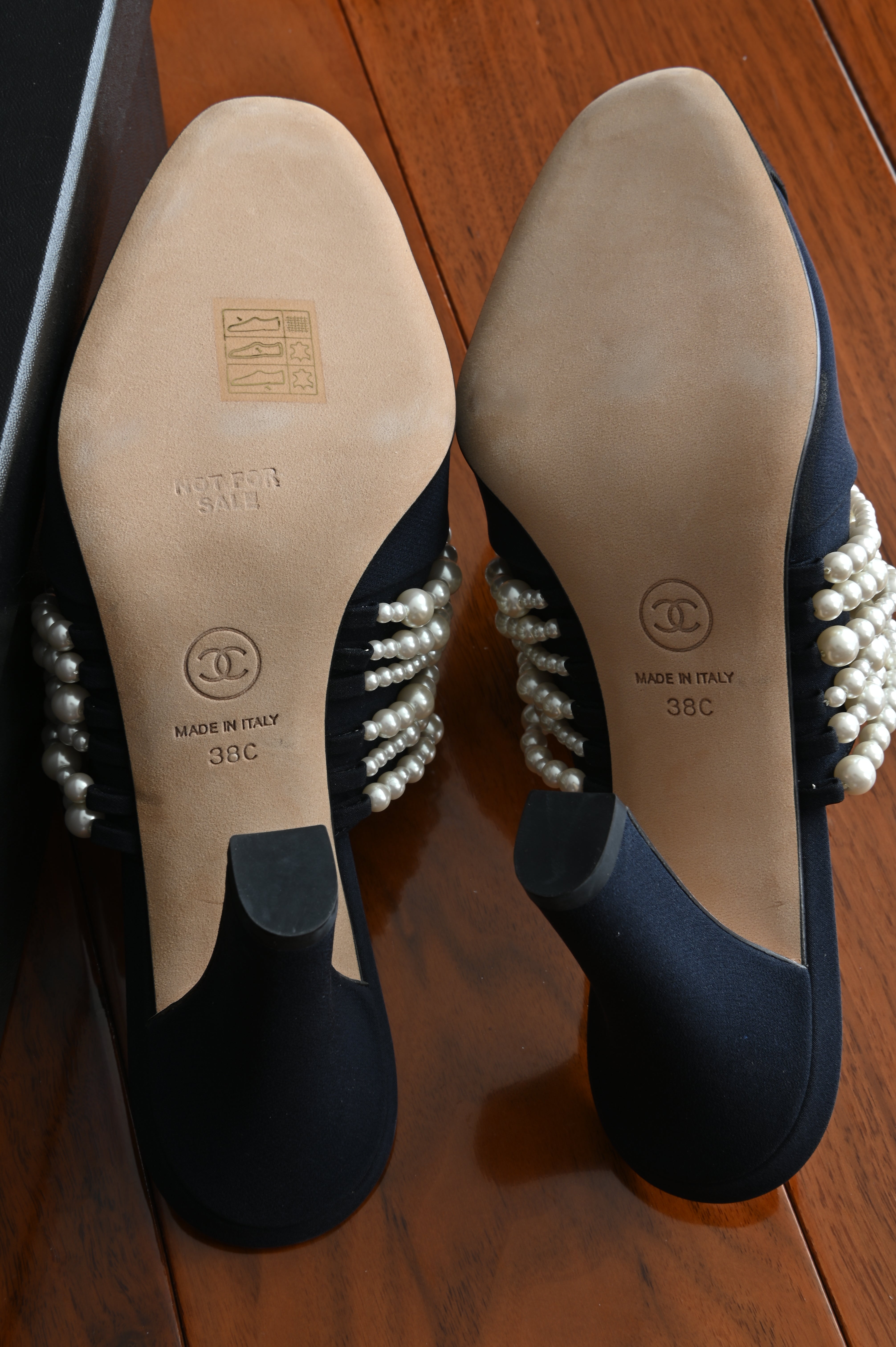 Chanel Black Canvas Pearl Embellished Mules