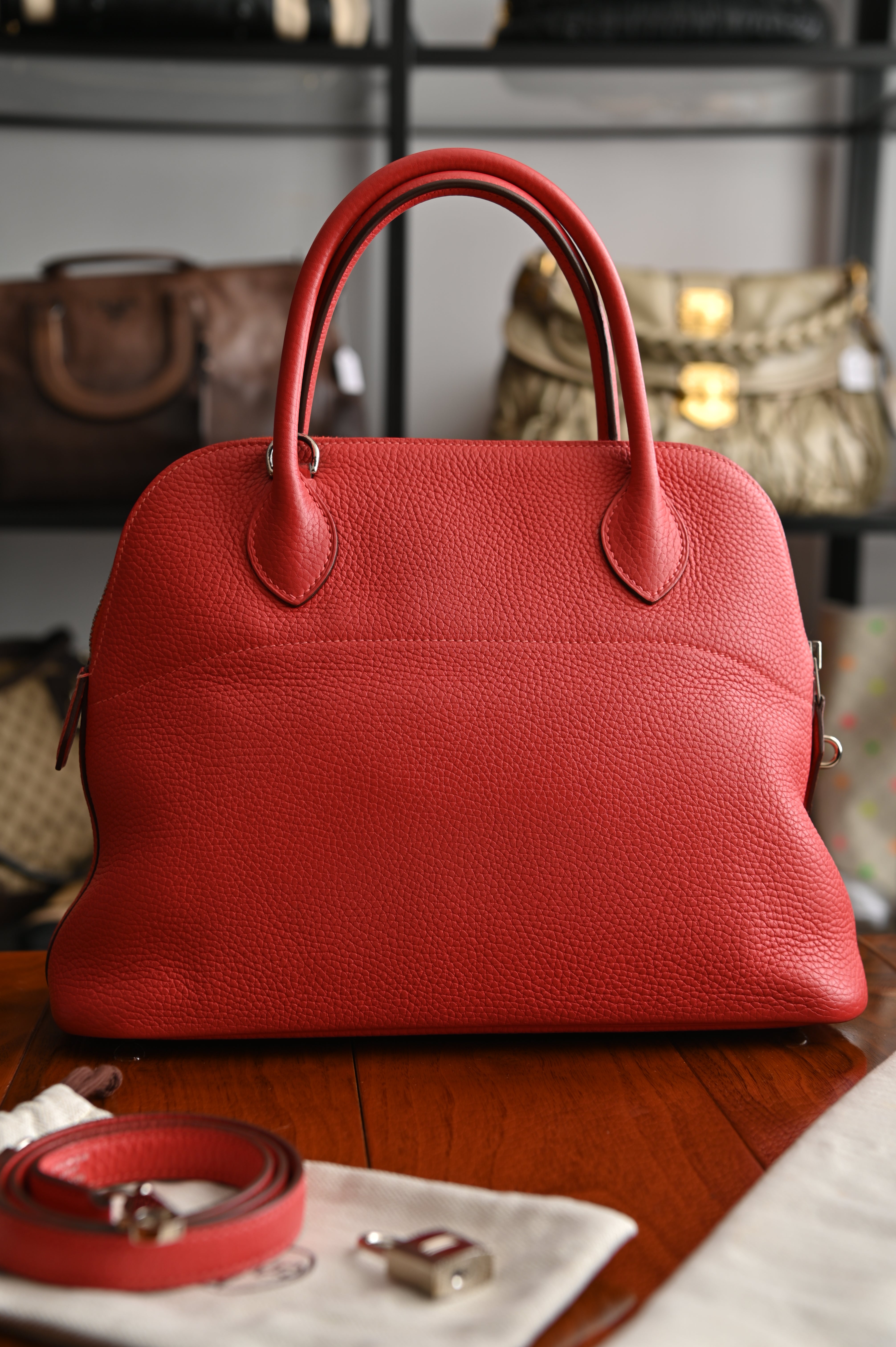 HERMÈS Bolide 31 handbag in Rouge Pivoine Clemence leather with Palladium hardware