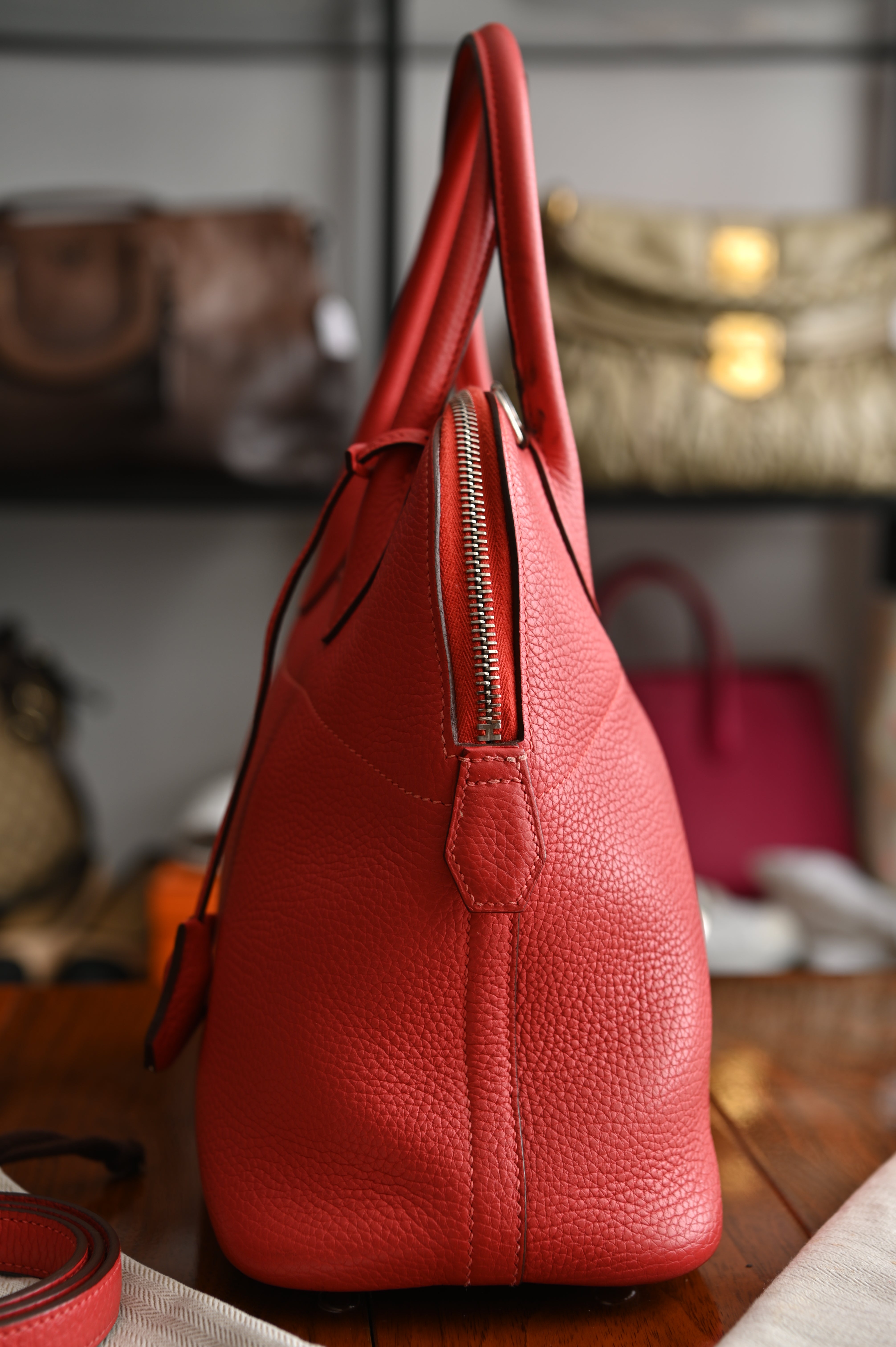 HERMÈS Bolide 31 handbag in Rouge Pivoine Clemence leather with Palladium hardware