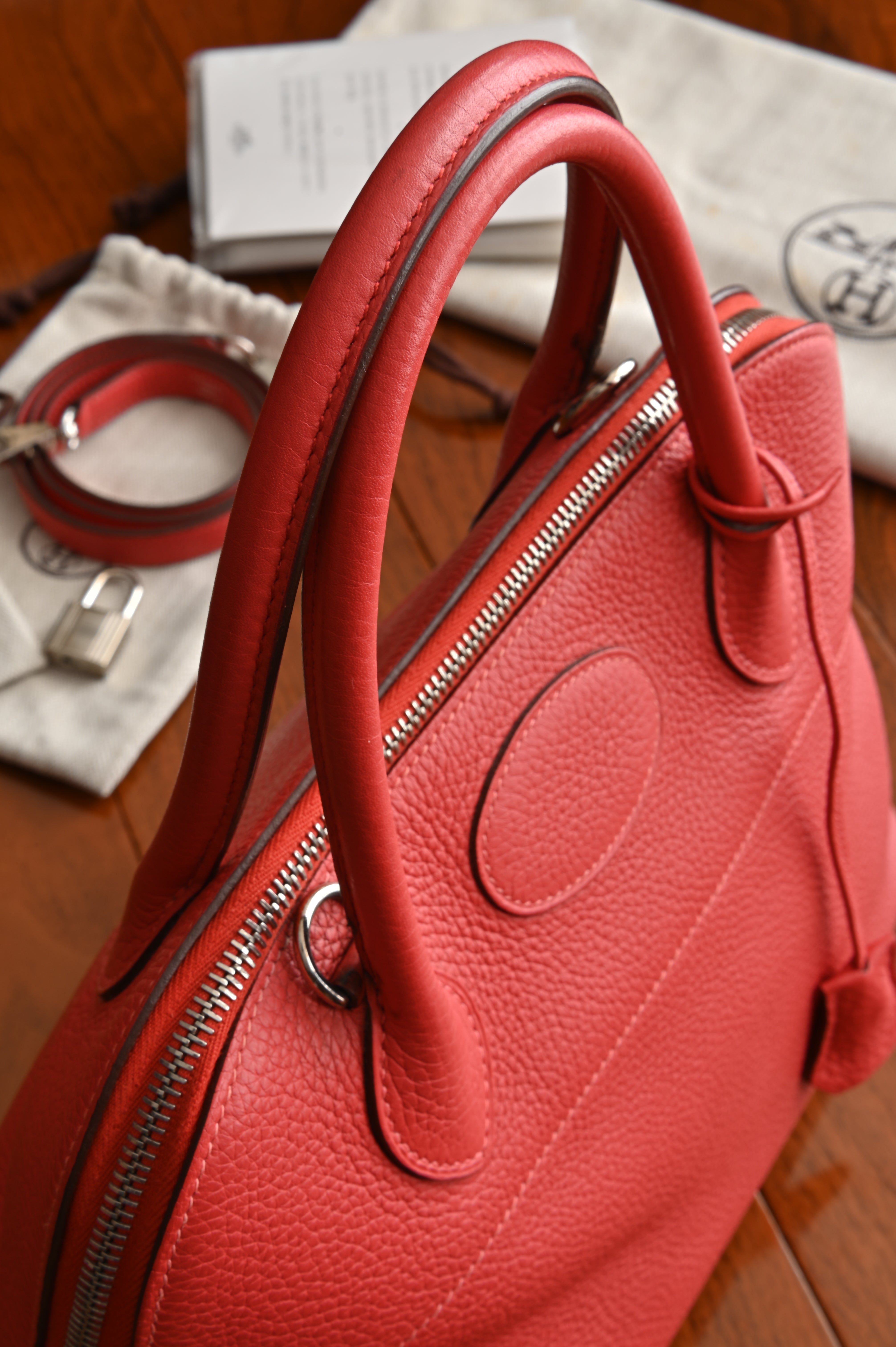 HERMÈS Bolide 31 handbag in Rouge Pivoine Clemence leather with Palladium hardware