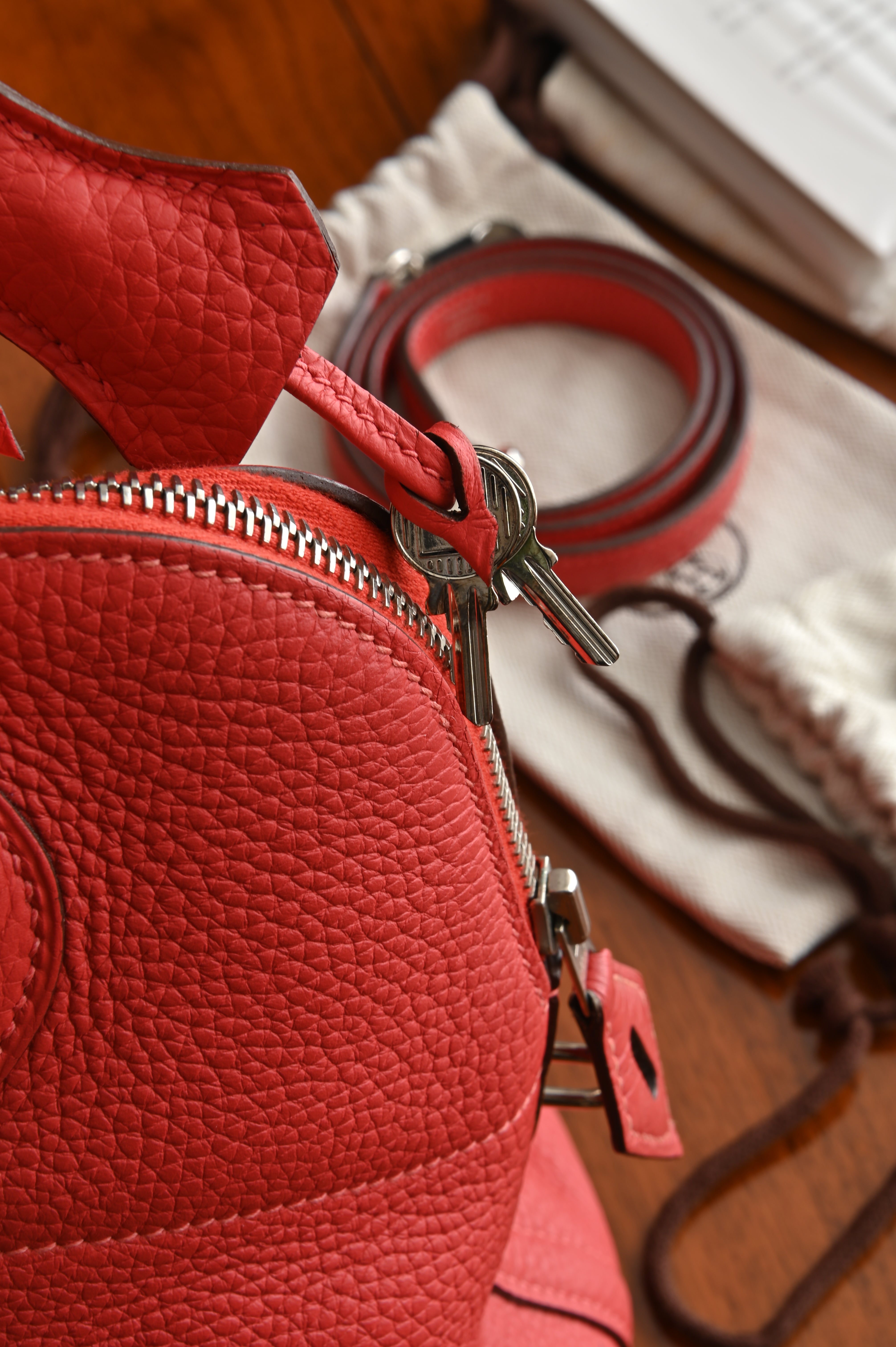 HERMÈS Bolide 31 handbag in Rouge Pivoine Clemence leather with Palladium hardware