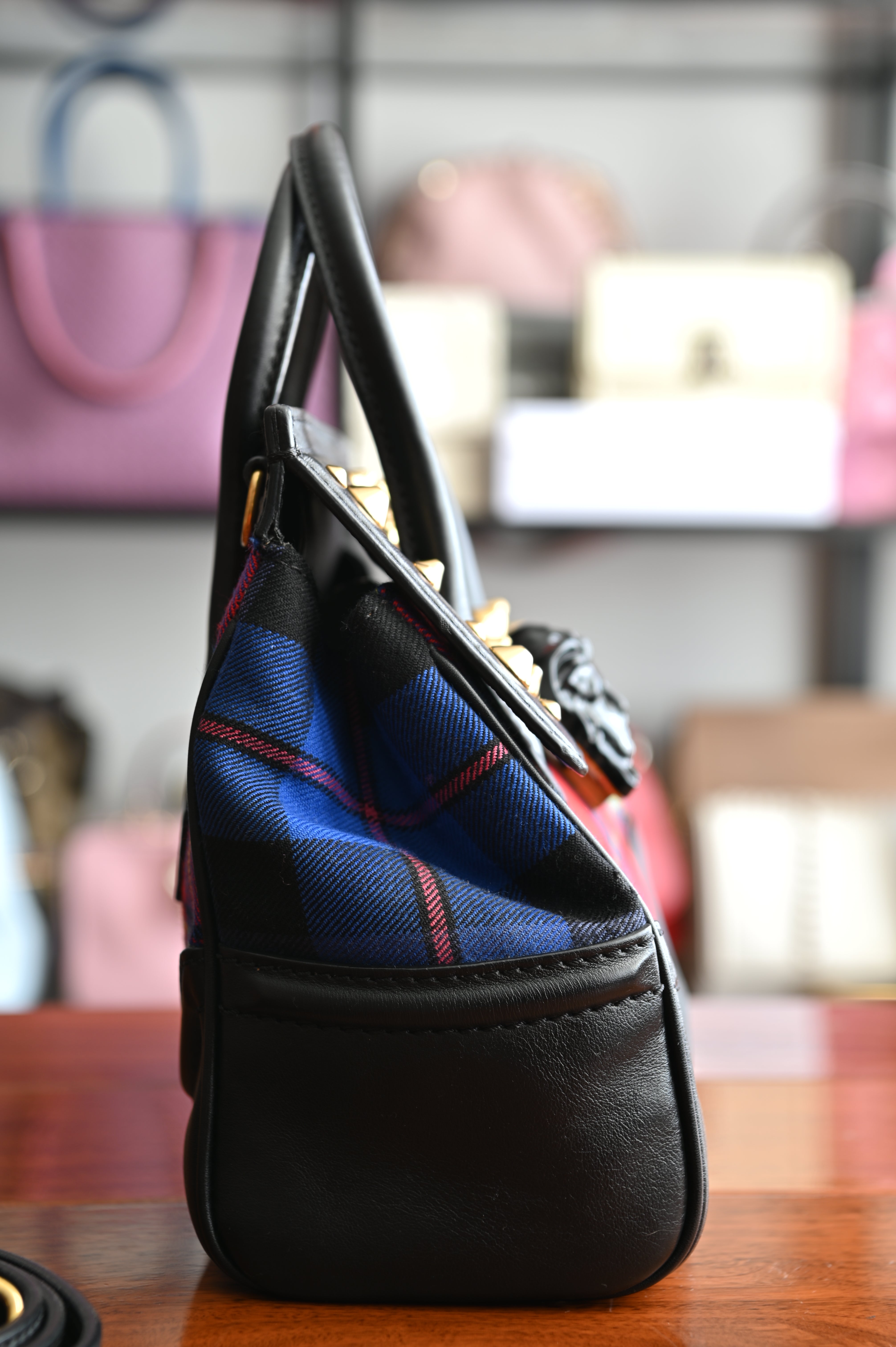 Versace Tartan Studded Palazzo Empire bag in black