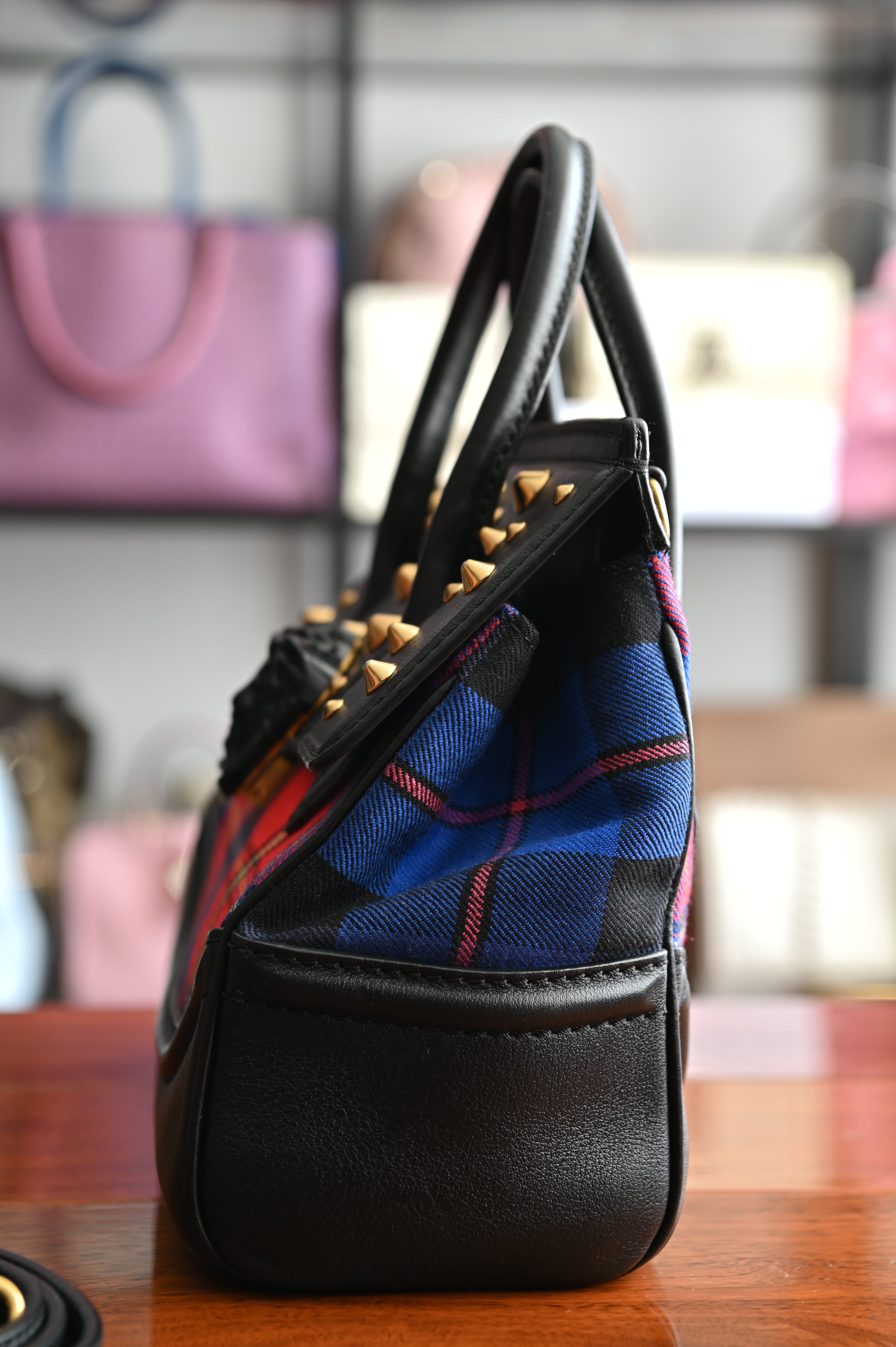 Versace Tartan Studded Palazzo Empire bag in black