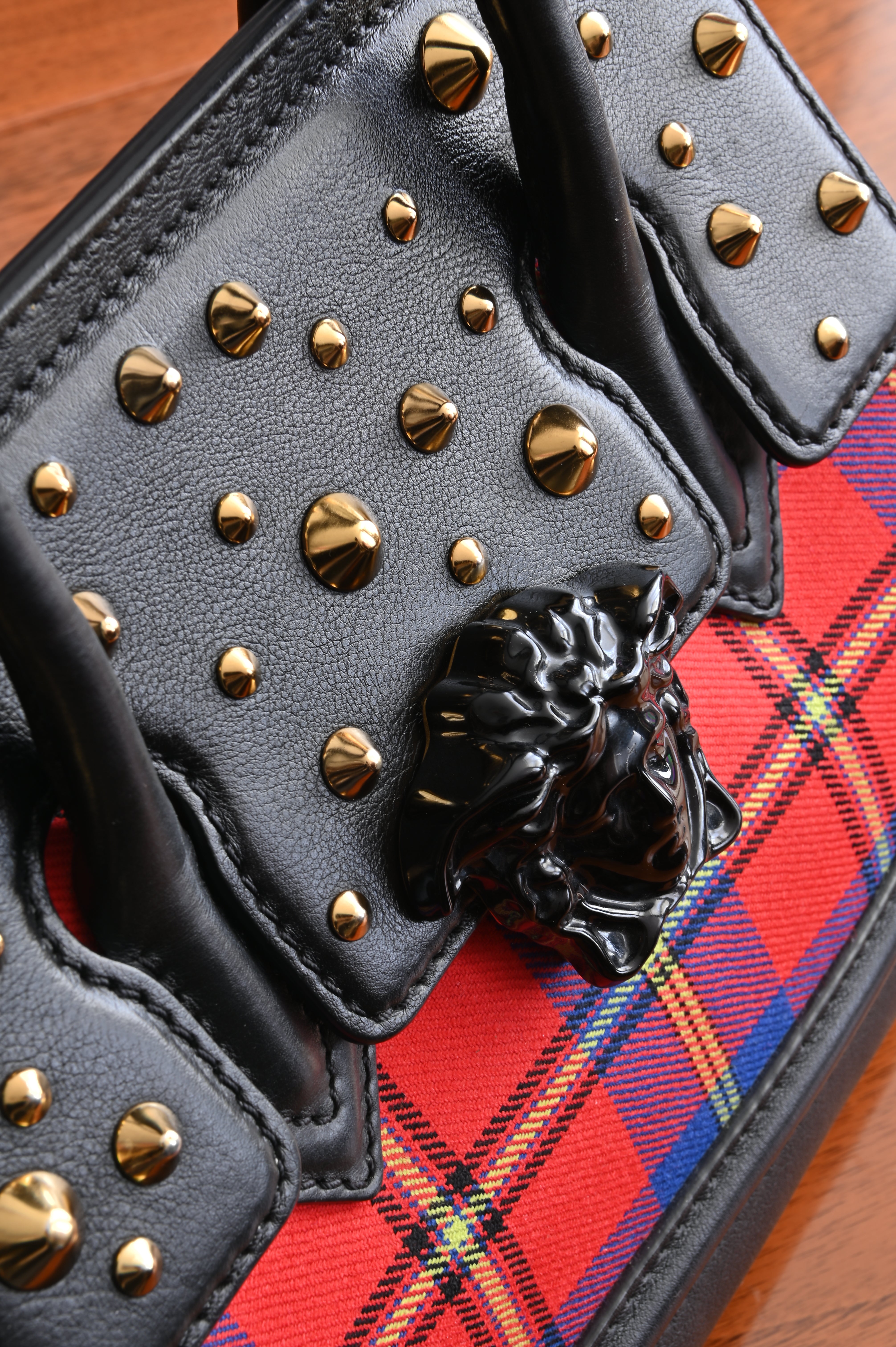 Versace Tartan Studded Palazzo Empire bag in black