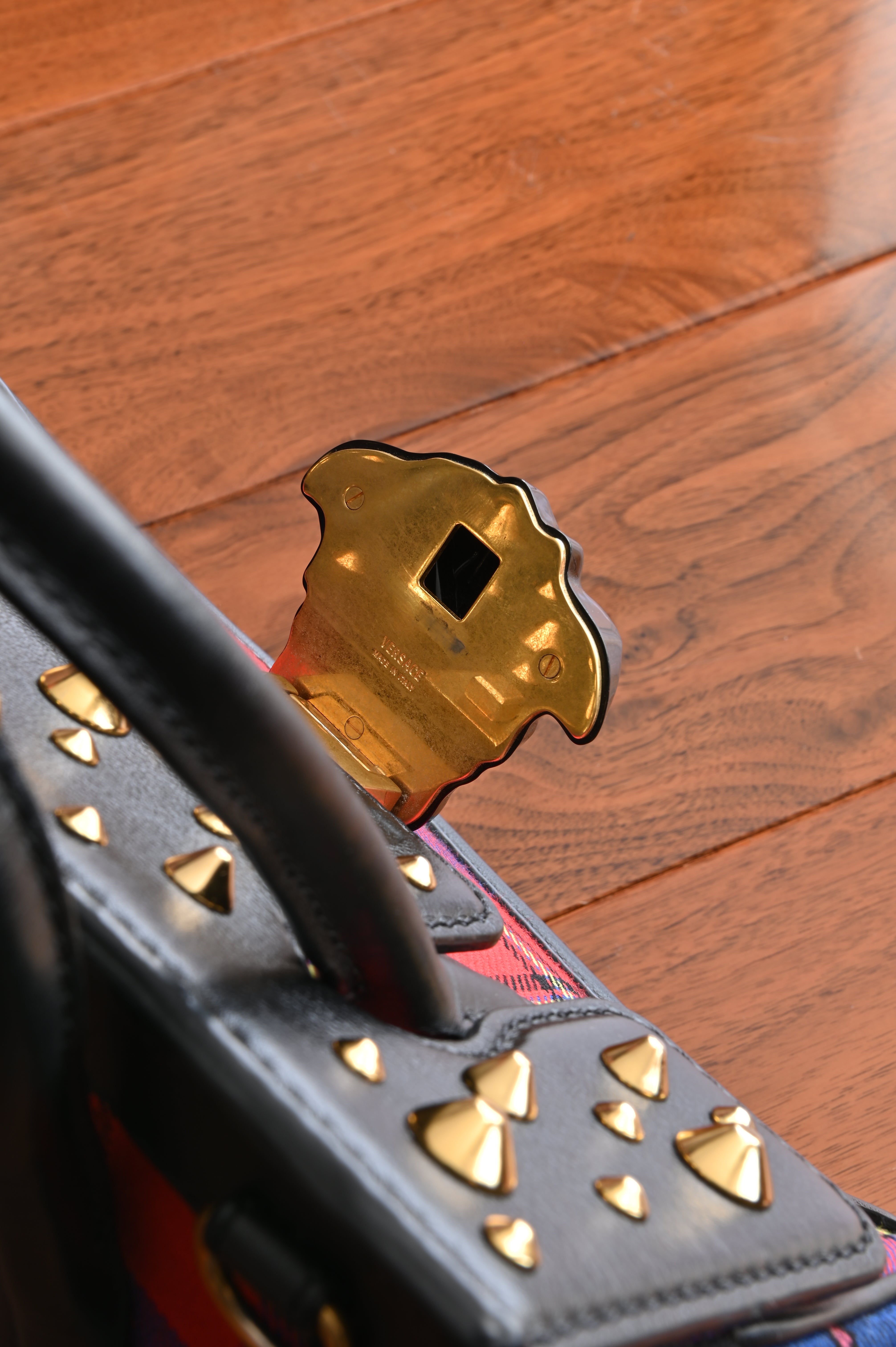 Versace Tartan Studded Palazzo Empire bag in black