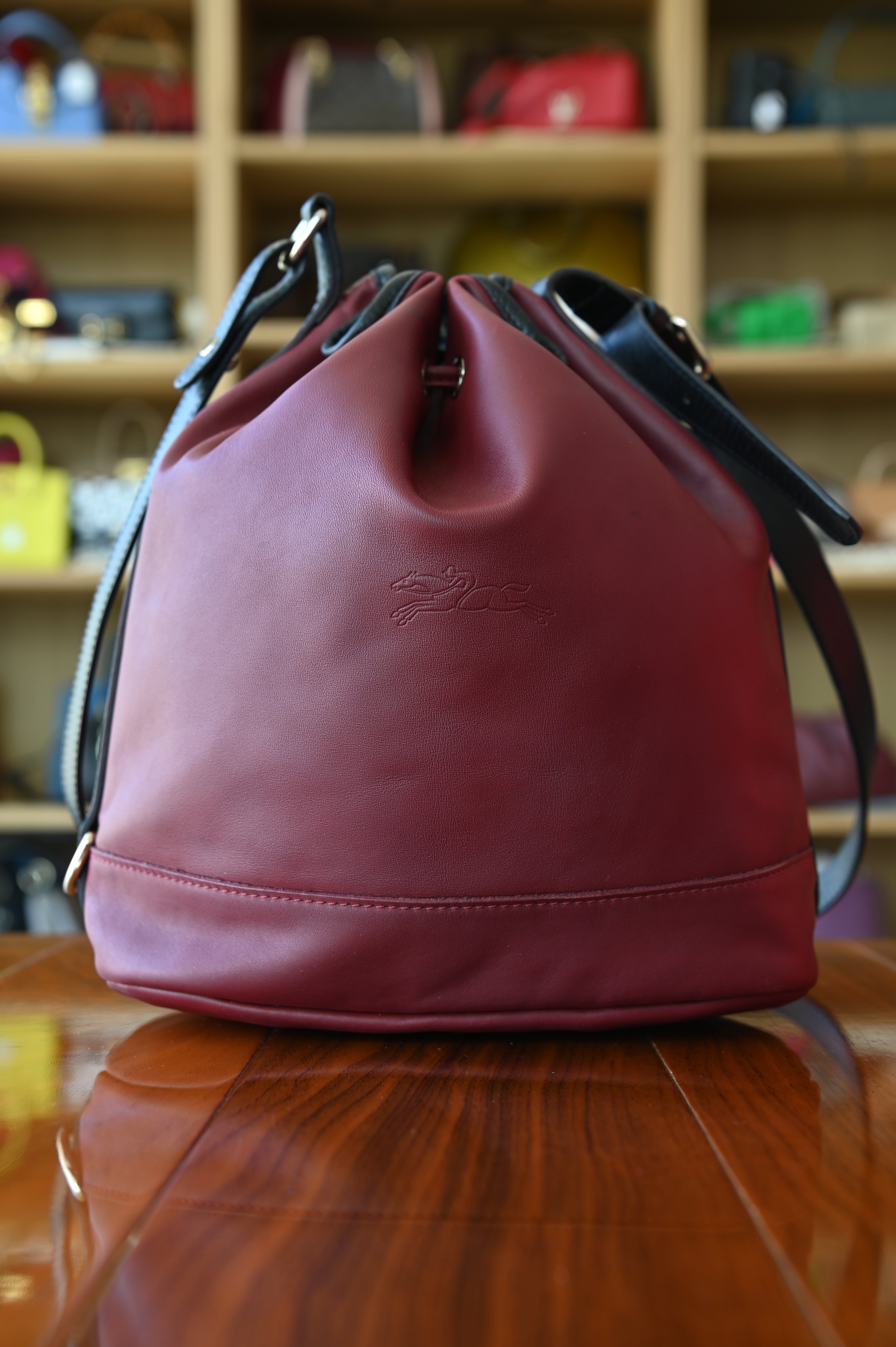 Longchamp Burgundy Drawstring Medium Bucket Bag