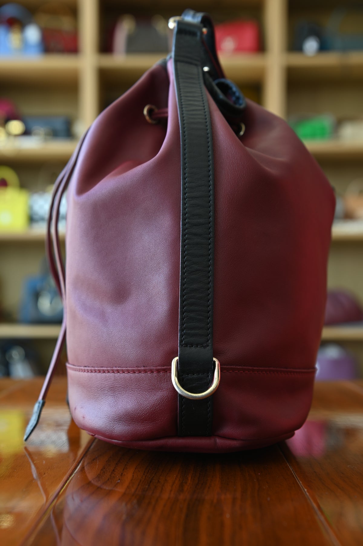 Longchamp Burgundy Drawstring Medium Bucket Bag