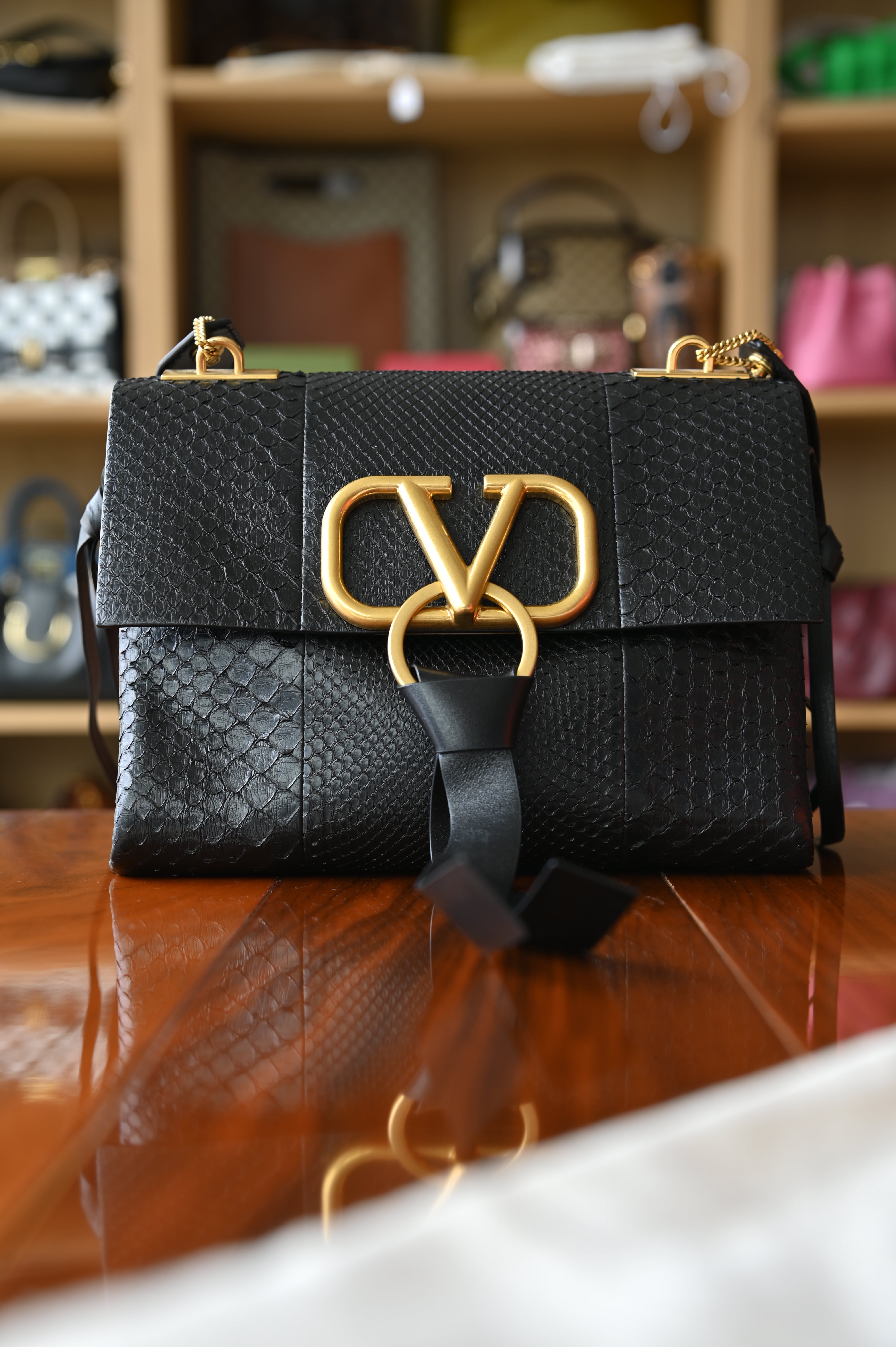 Valentino Garavani Black Python VLogo Top Handle Bag