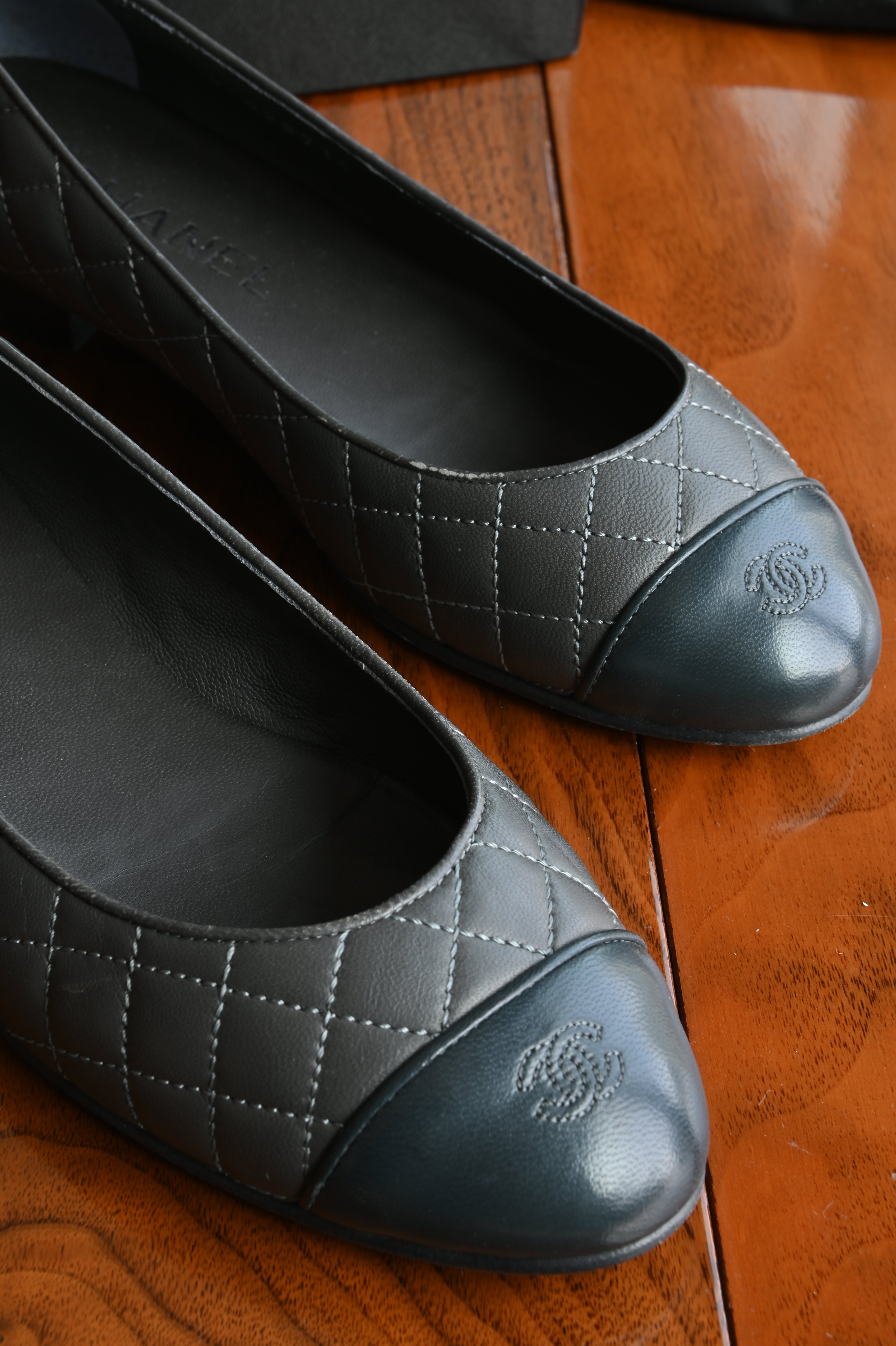 Chanel CC Gray Quilted Ballet Flats