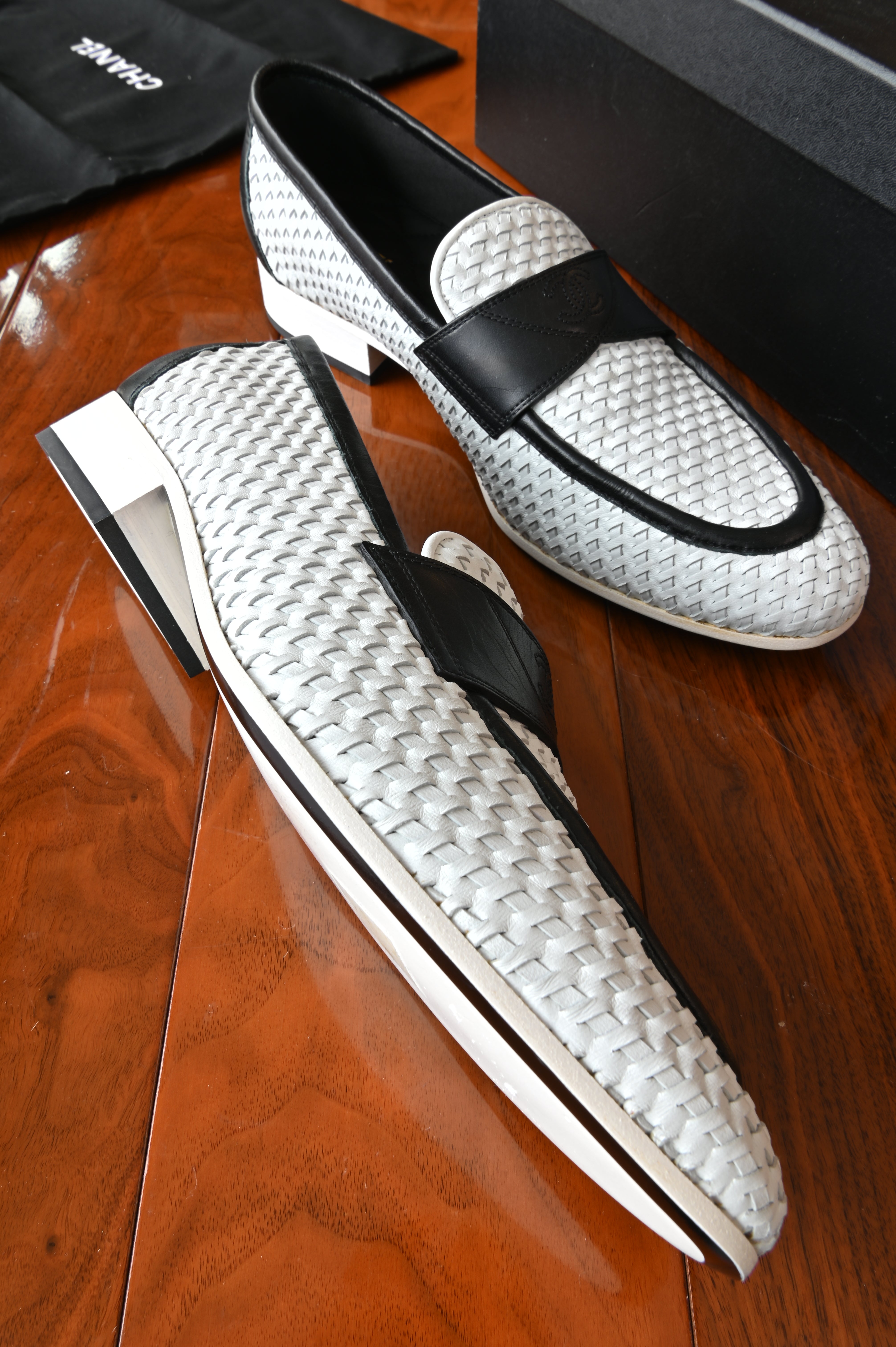 Chanel White Black Woven Loafers