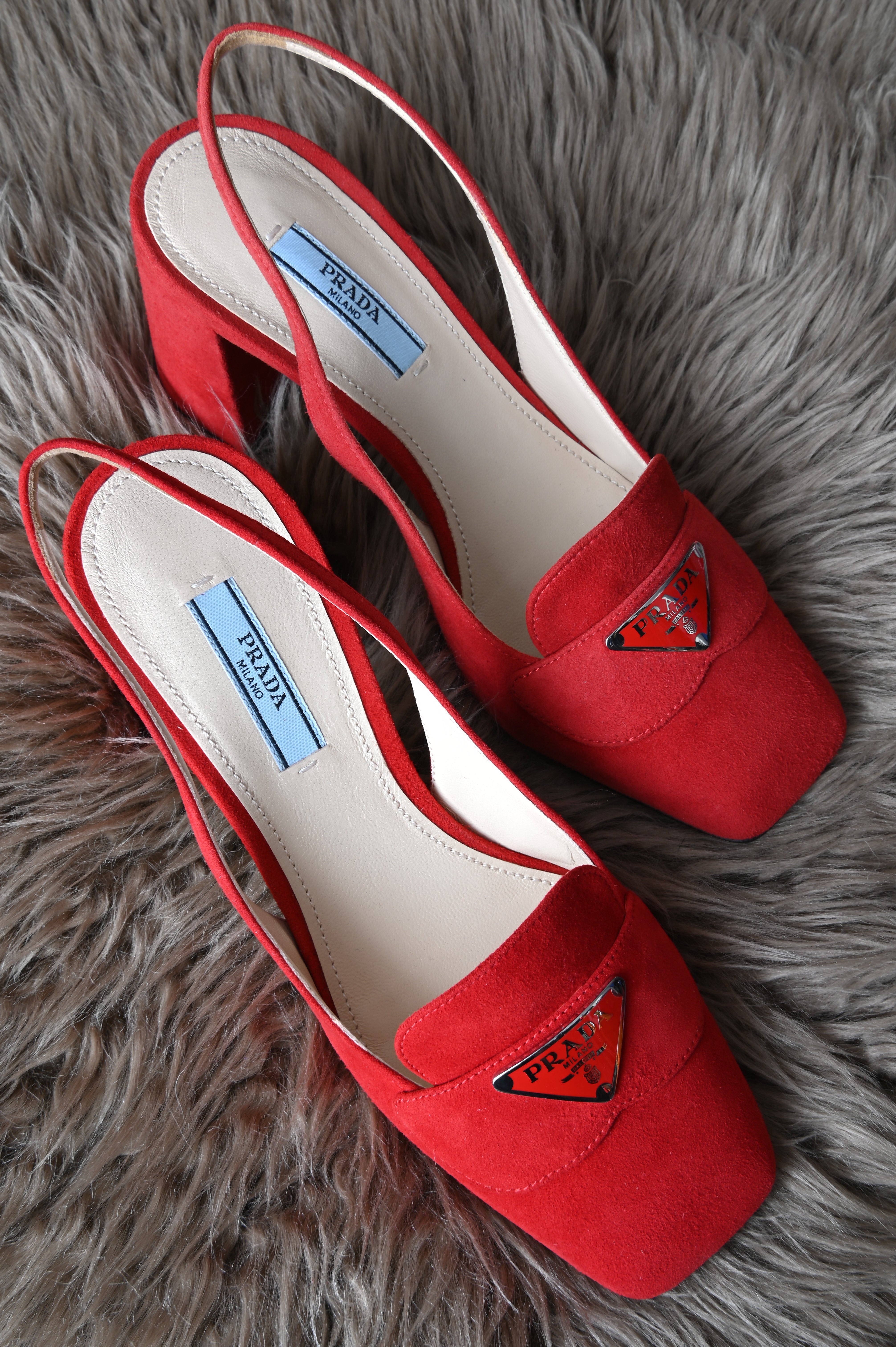 Prada Red suede sling back pumps