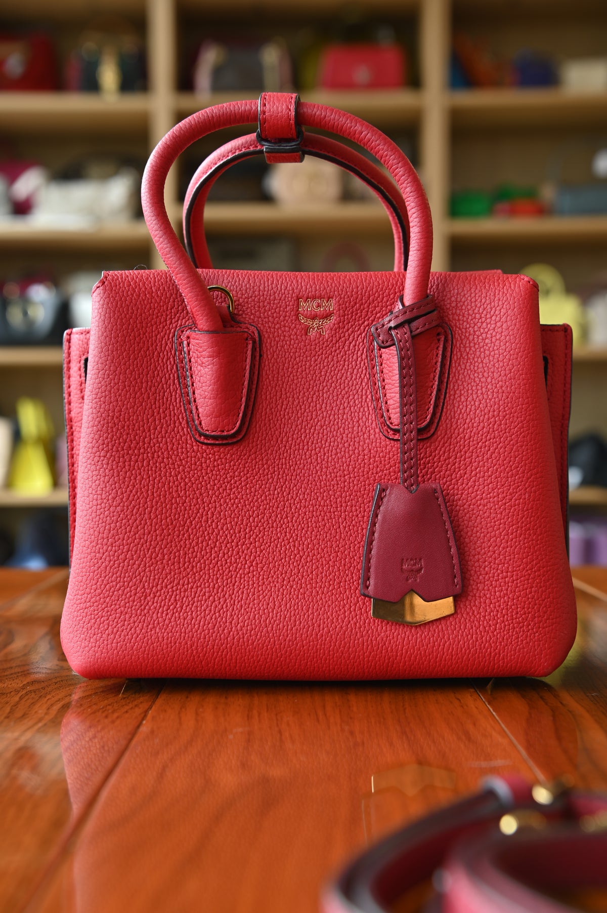 MCM Red Milla Grained Leather Tote Bag