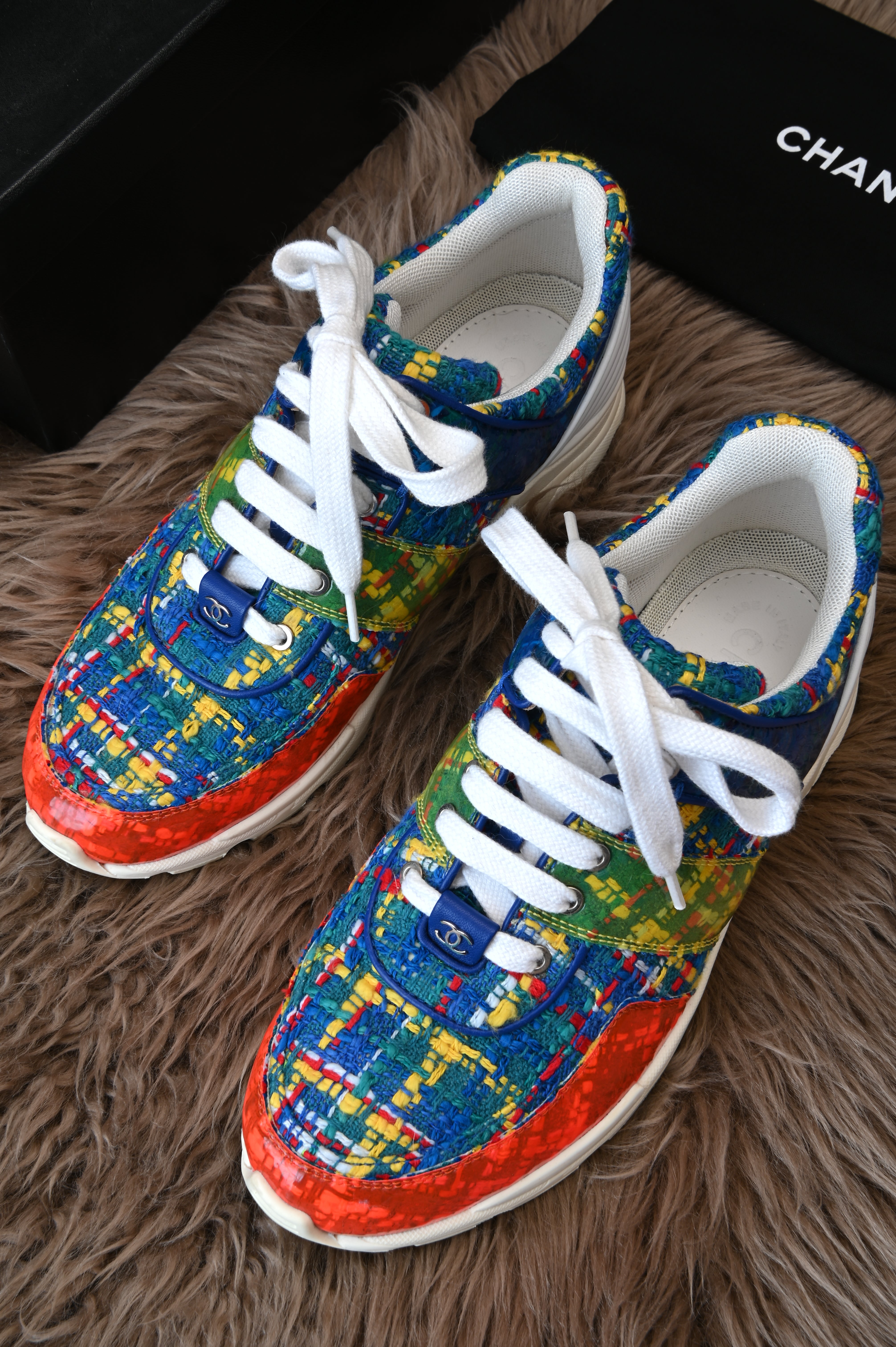 Chanel Multi-color Tweed Fabric And PVC Lace Up Sneakers