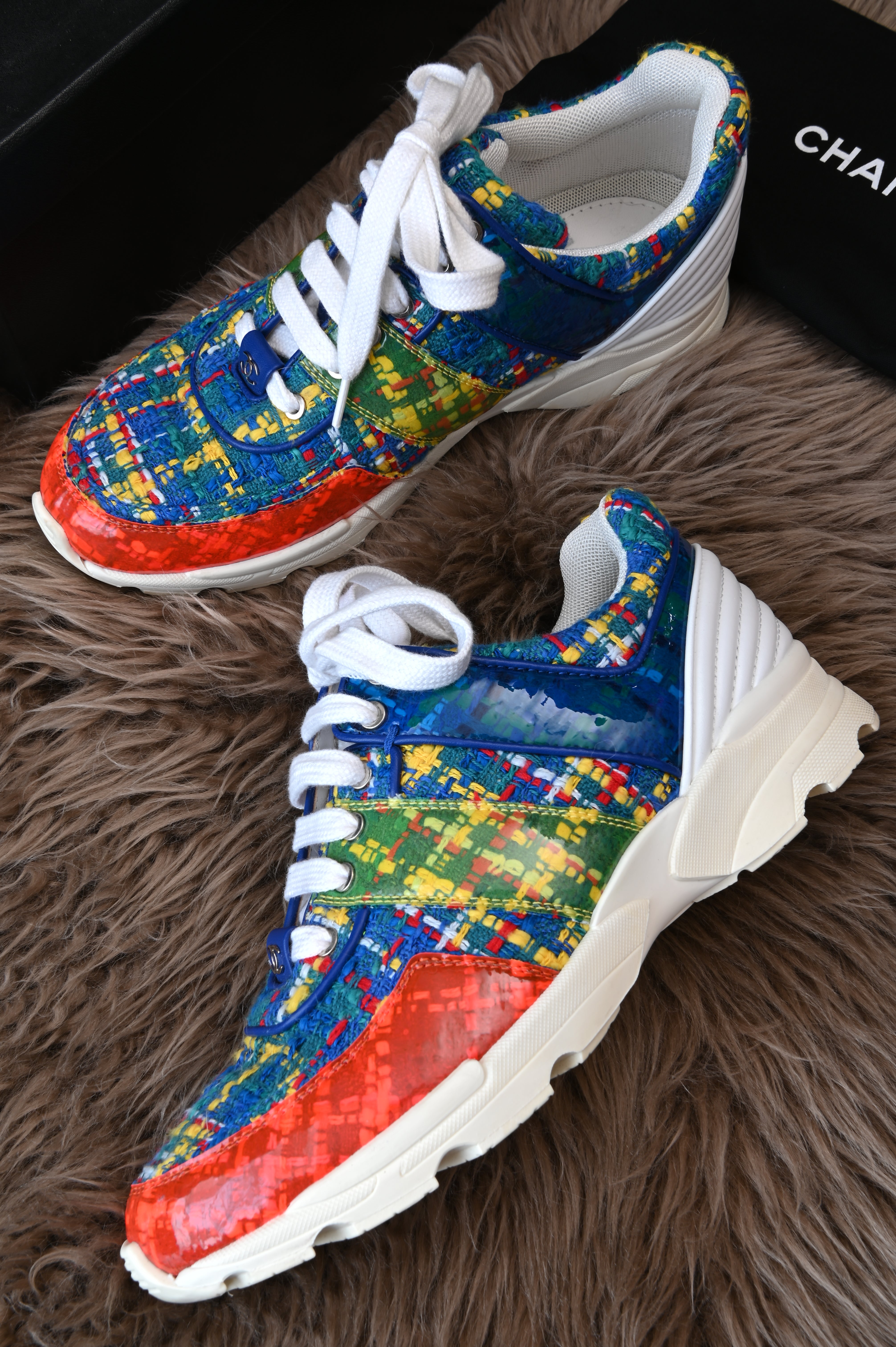 Chanel Multi-color Tweed Fabric And PVC Lace Up Sneakers