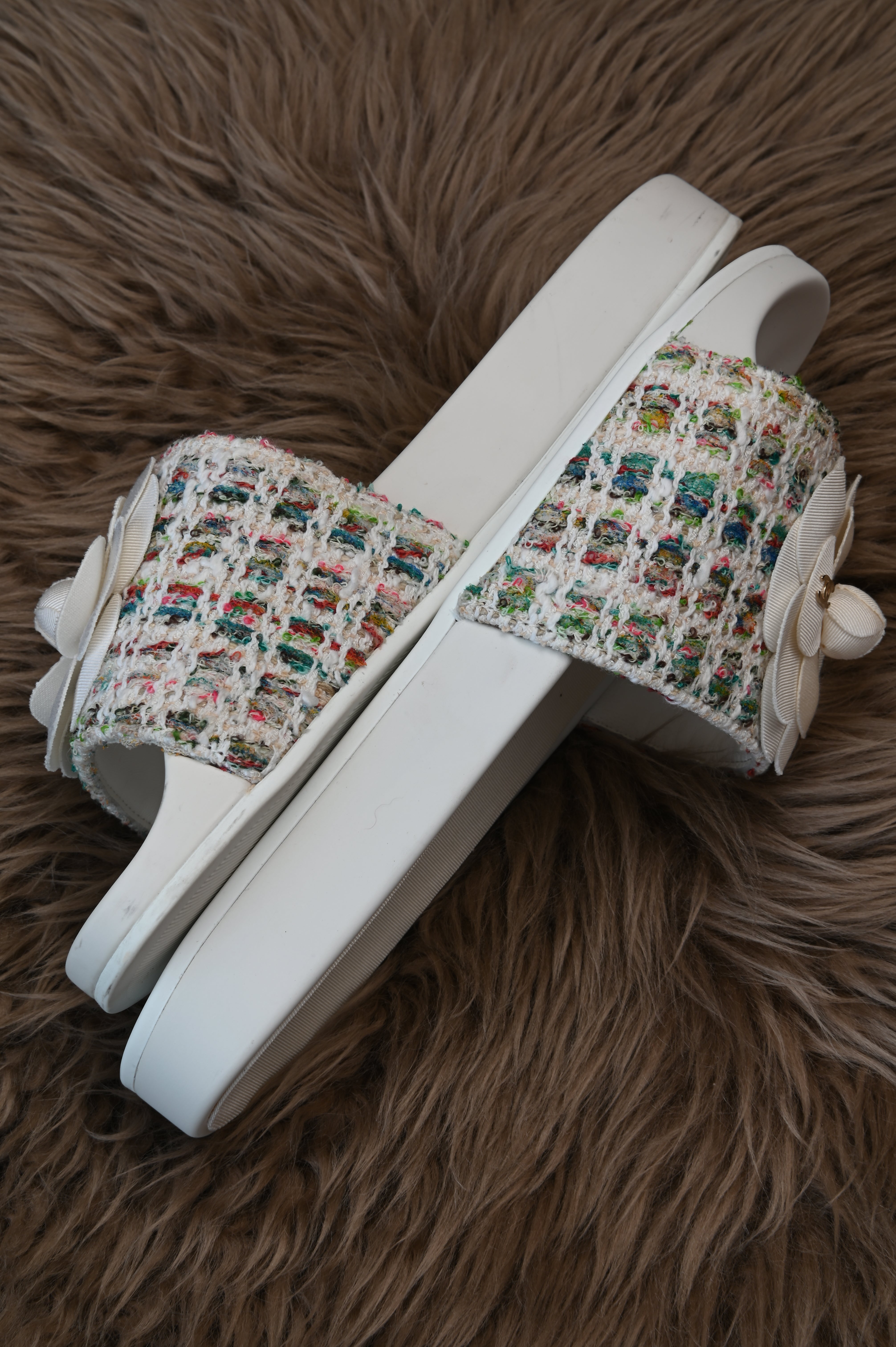 Chanel Multi-color Camellia Tweed CC Flat Slides