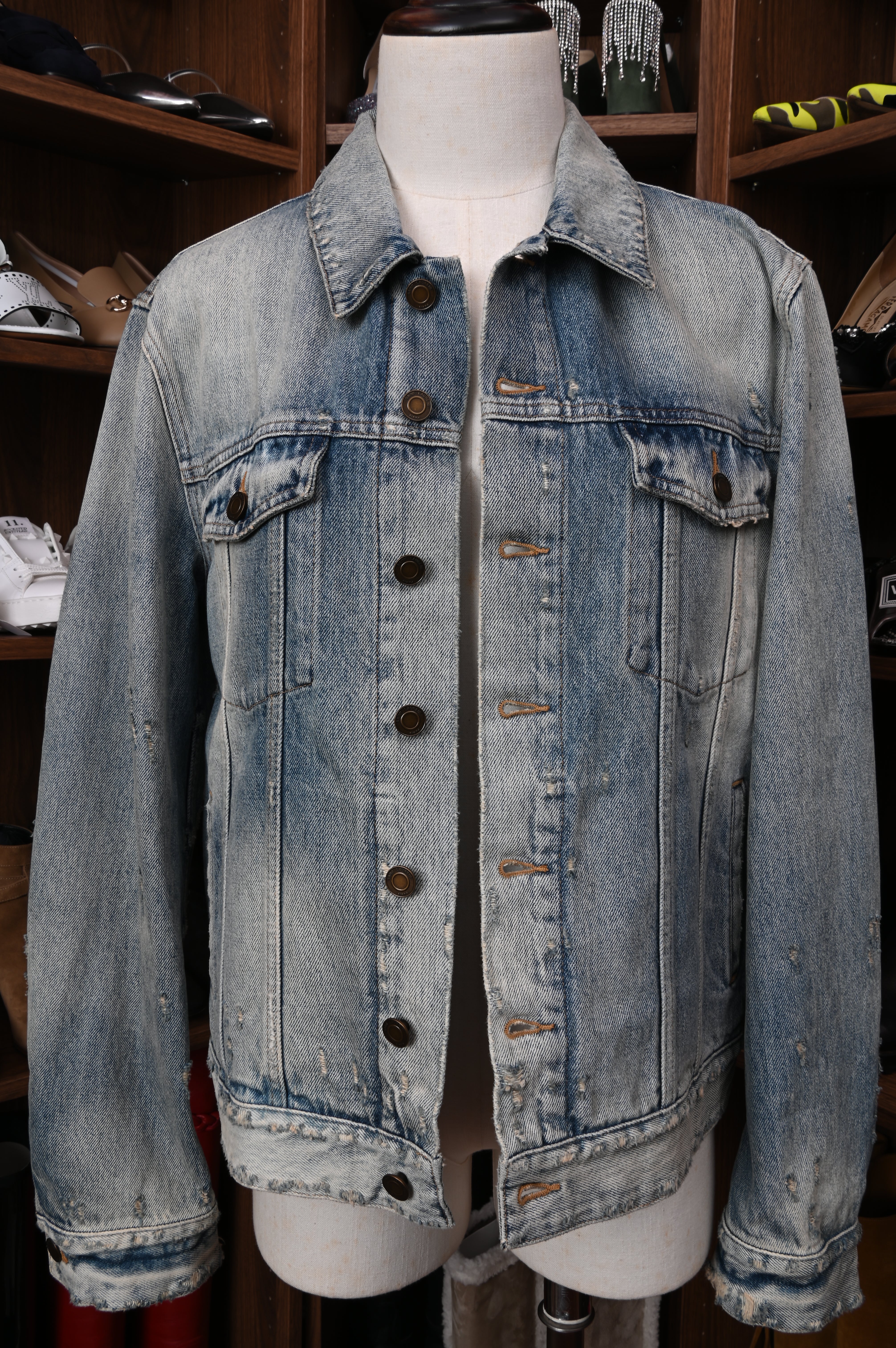 Saint Laurent Dirt-wash distressed indigo cotton denim button-front jean jacket