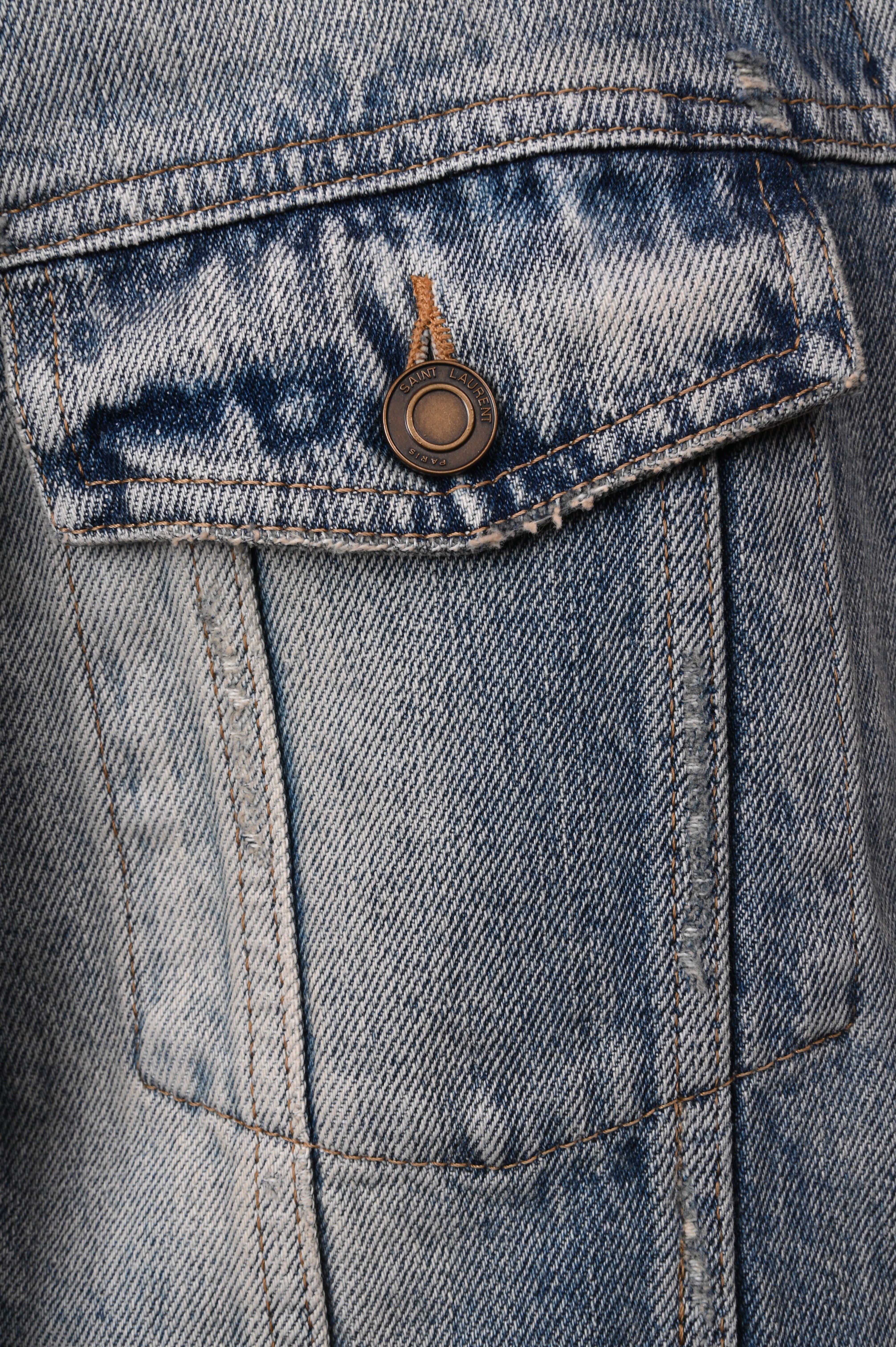 Saint Laurent Dirt-wash distressed indigo cotton denim button-front jean jacket