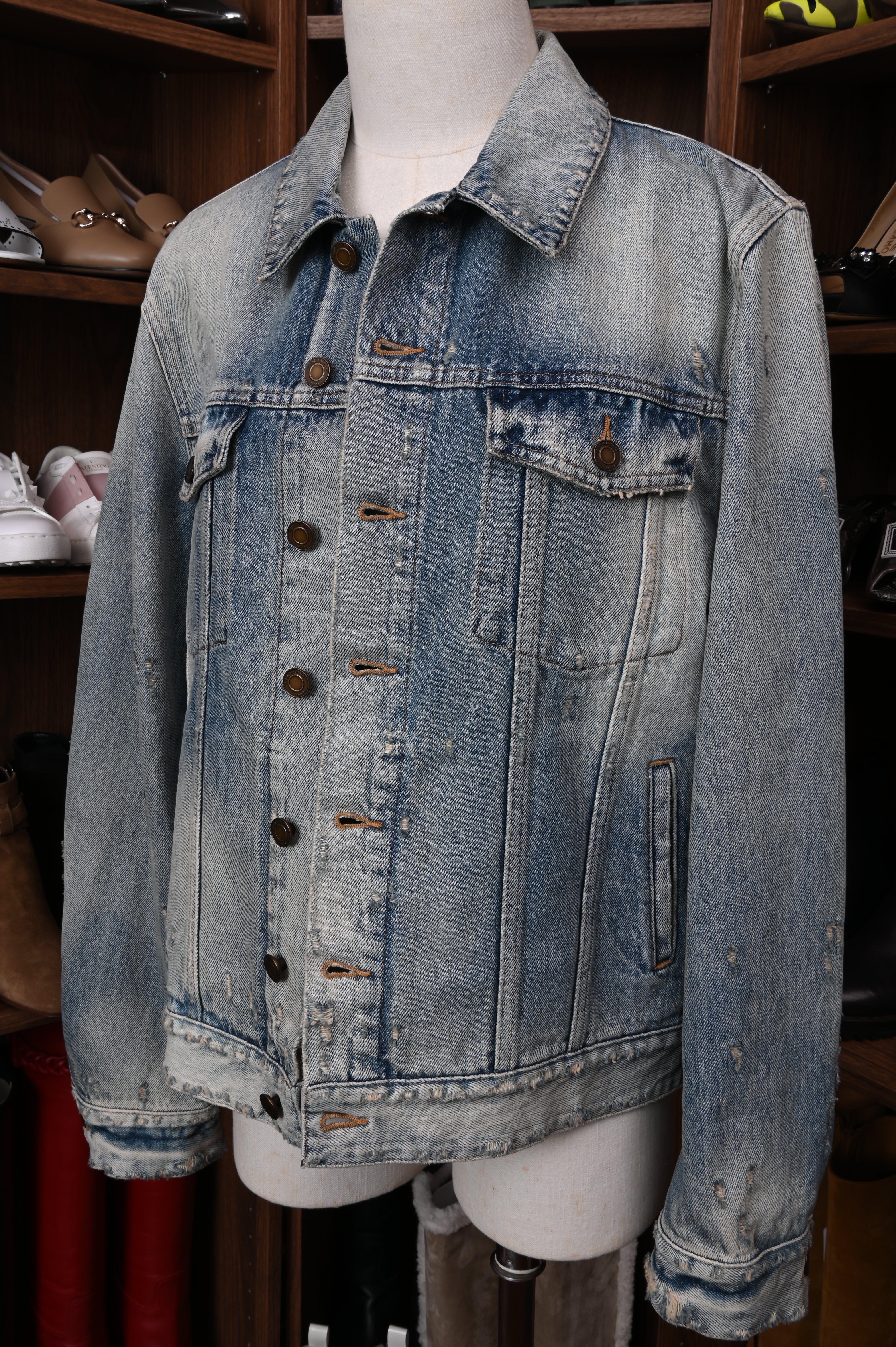 Saint Laurent Dirt-wash distressed indigo cotton denim button-front jean jacket