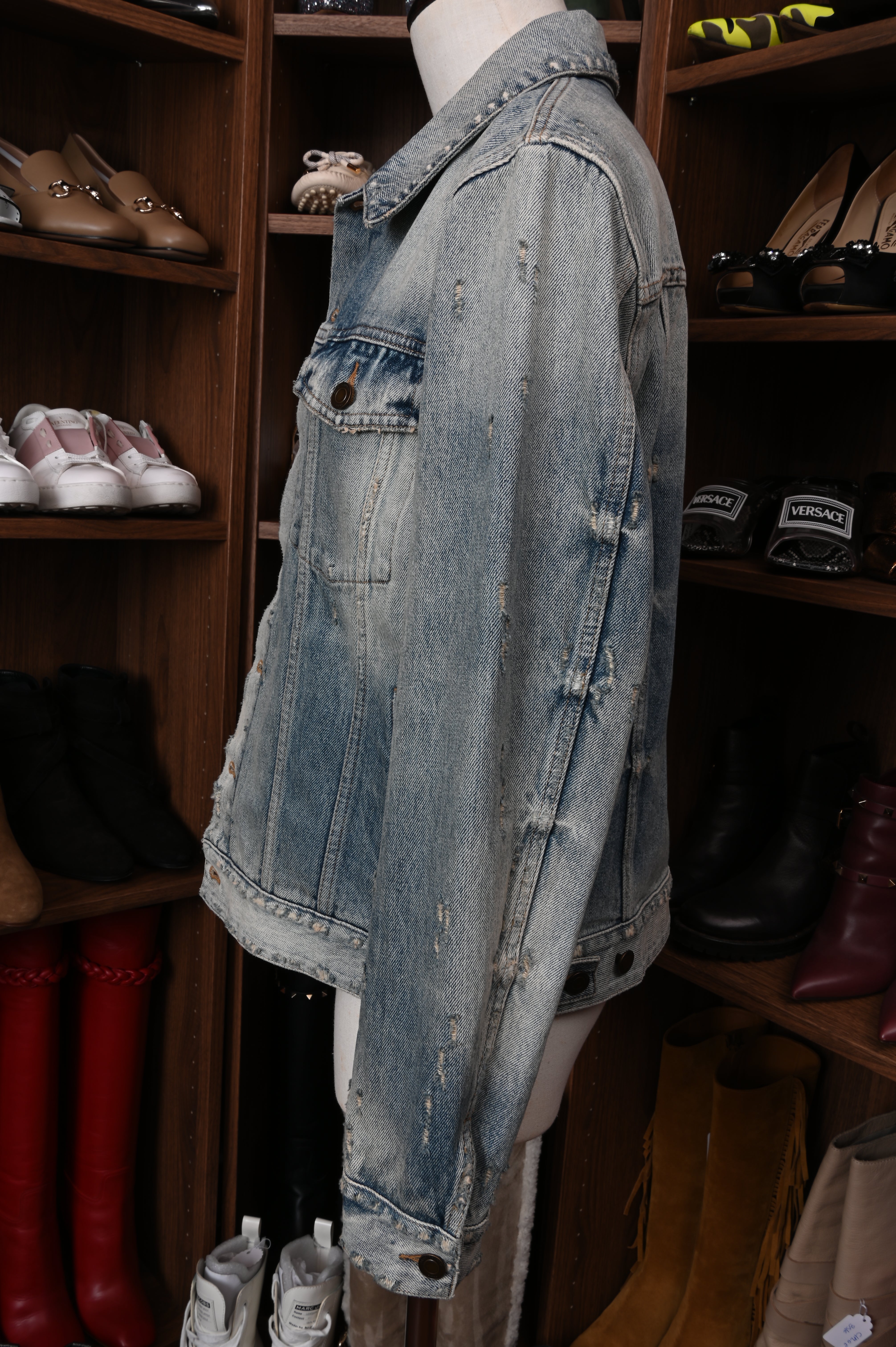 Saint Laurent Dirt-wash distressed indigo cotton denim button-front jean jacket