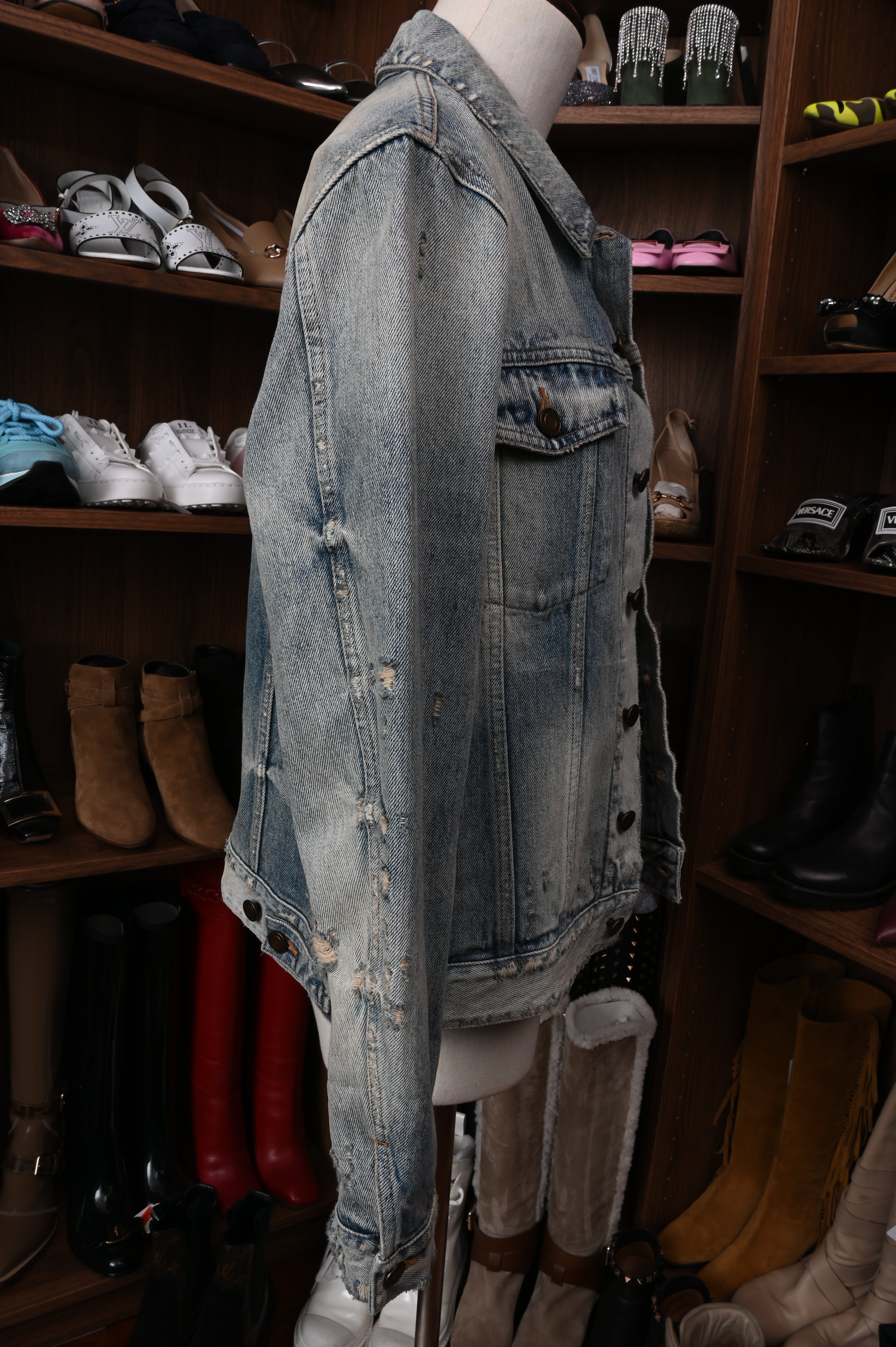 Saint Laurent Dirt-wash distressed indigo cotton denim button-front jean jacket