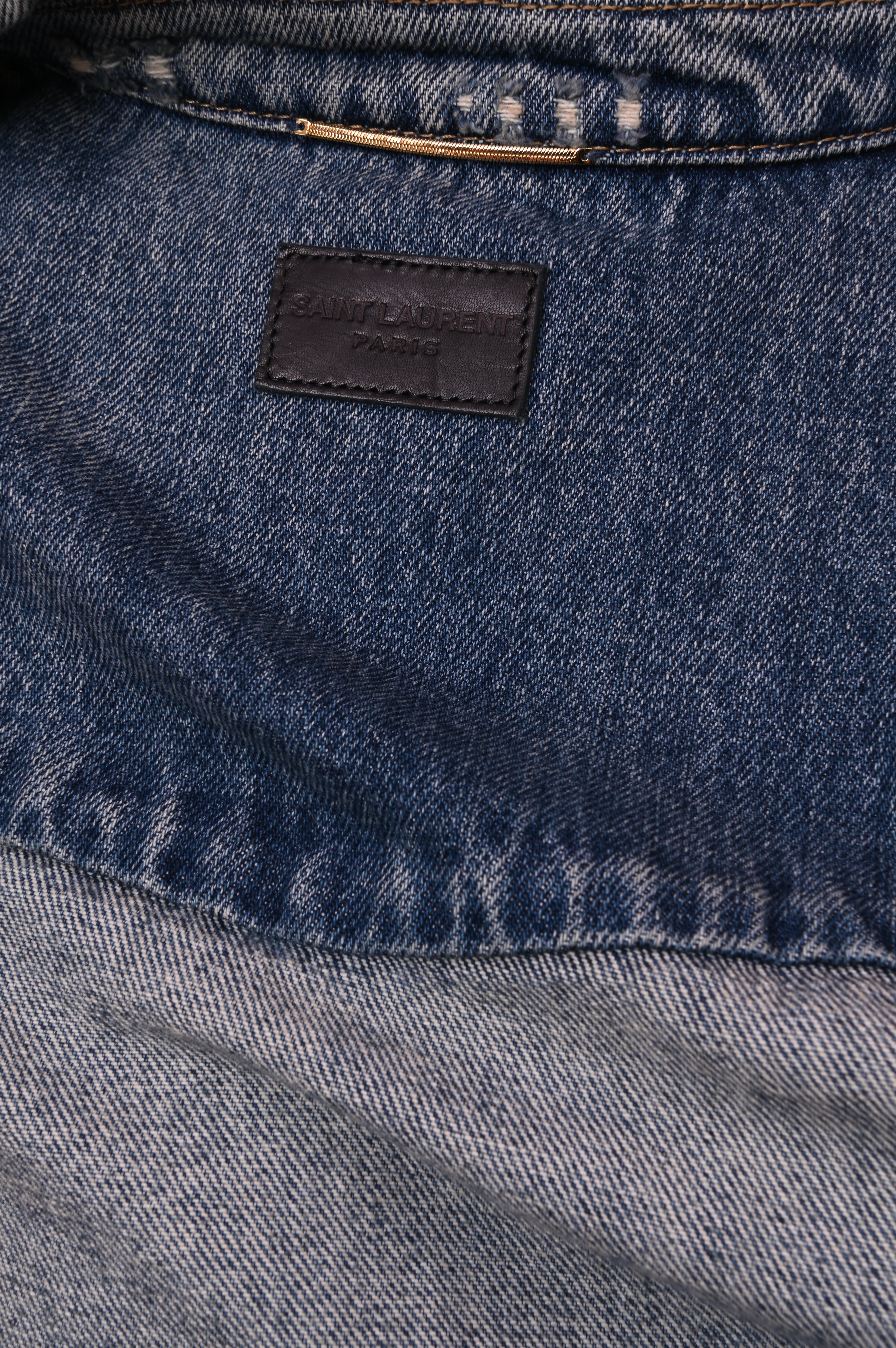 Saint Laurent Dirt-wash distressed indigo cotton denim button-front jean jacket