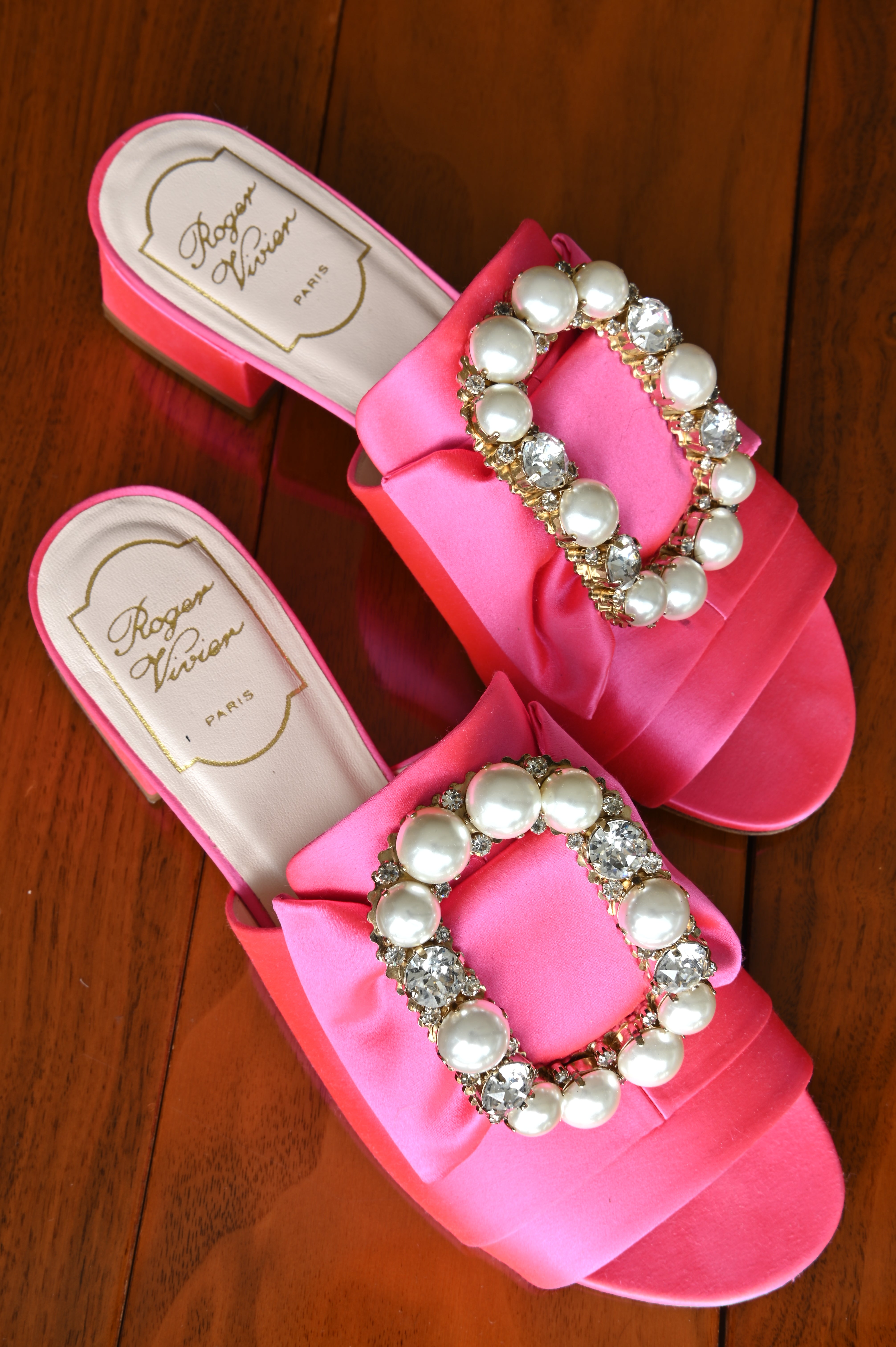 Roger Vivier Pink Crystal Satin Mules