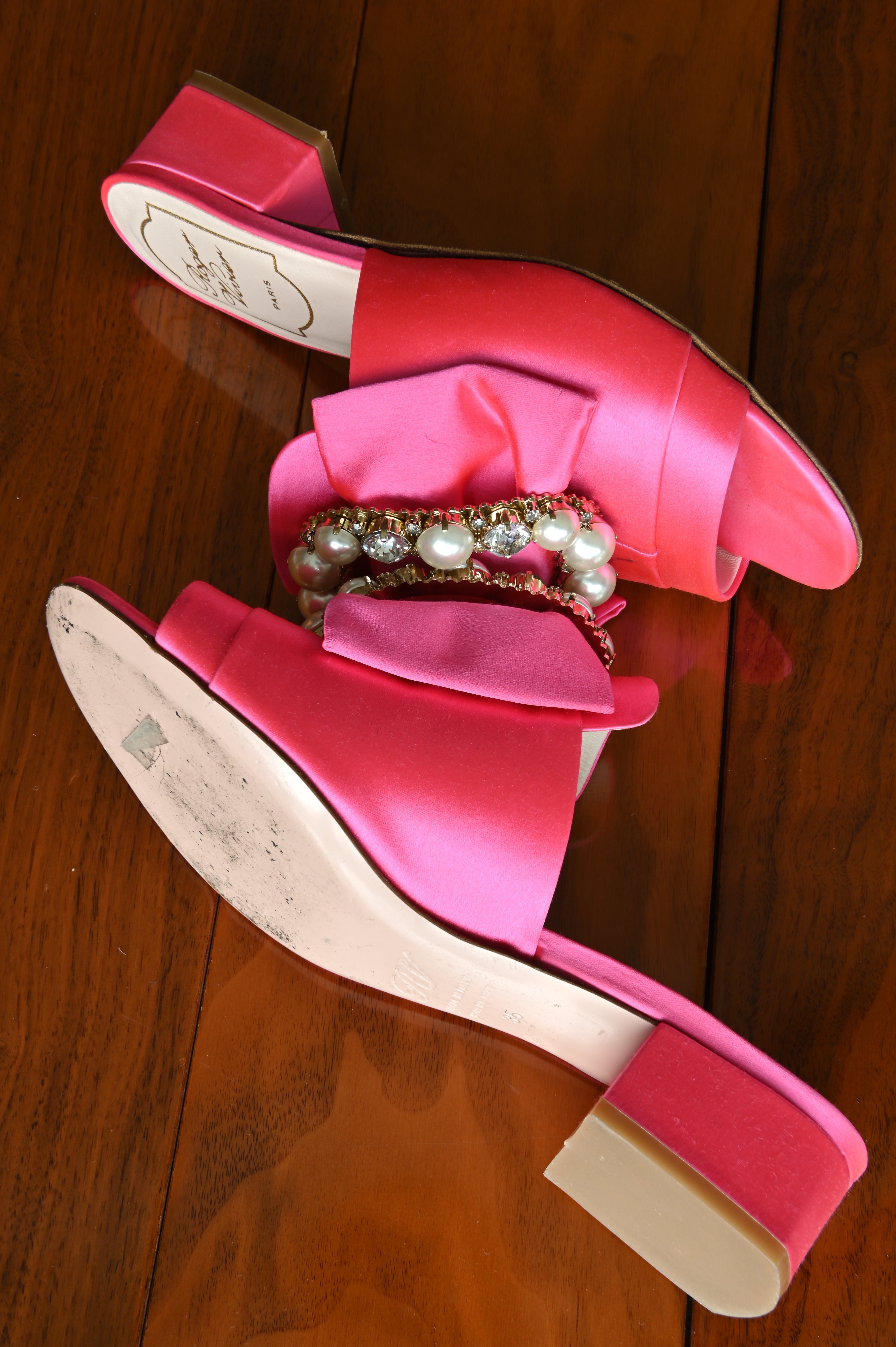 Roger Vivier Pink Crystal Satin Mules