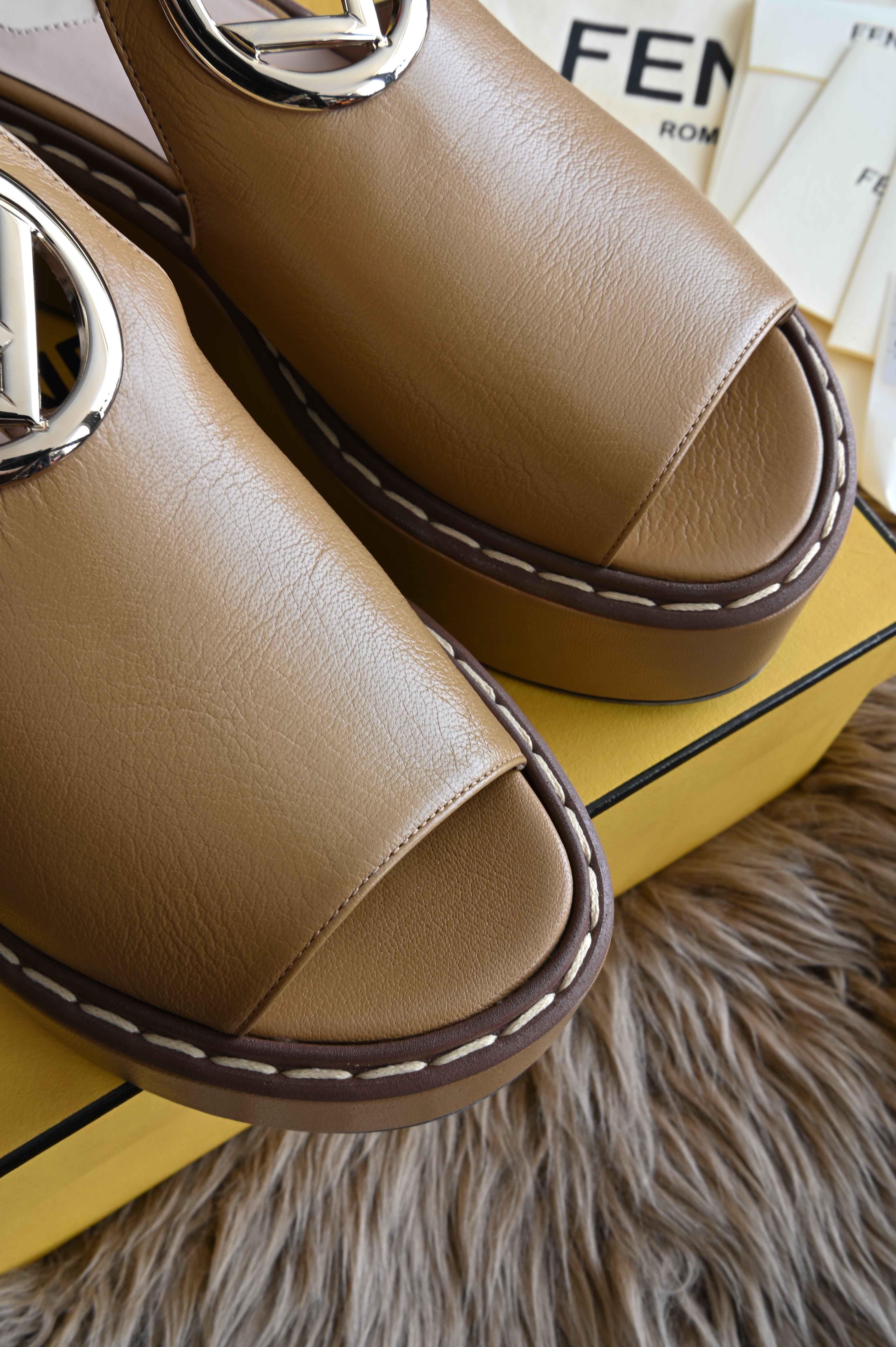 Fendi Fendi First Tan with Silver hardware Platform Heels front close up