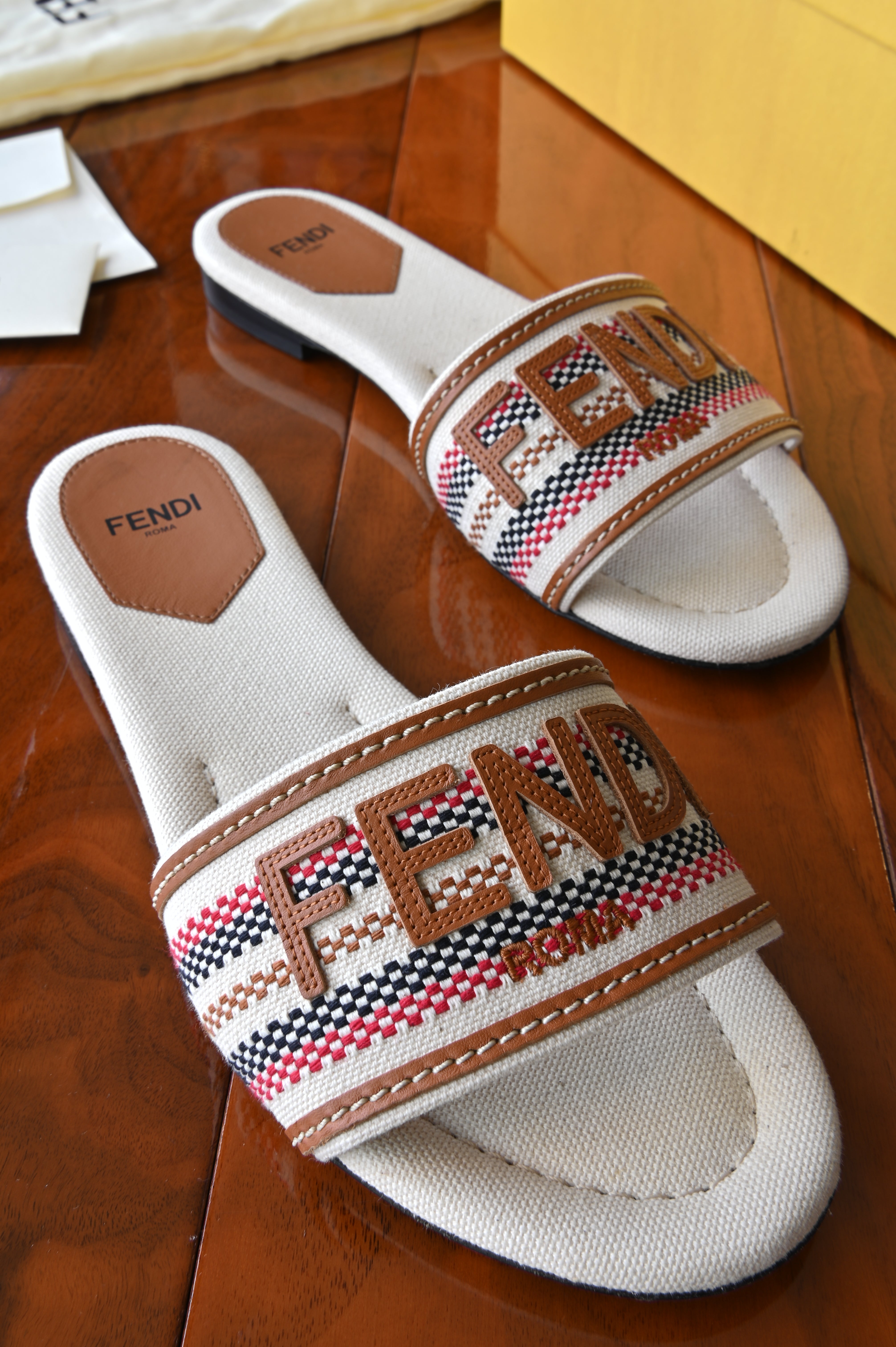 Fendi White Multicolor Striped Logo Flat Sandals
