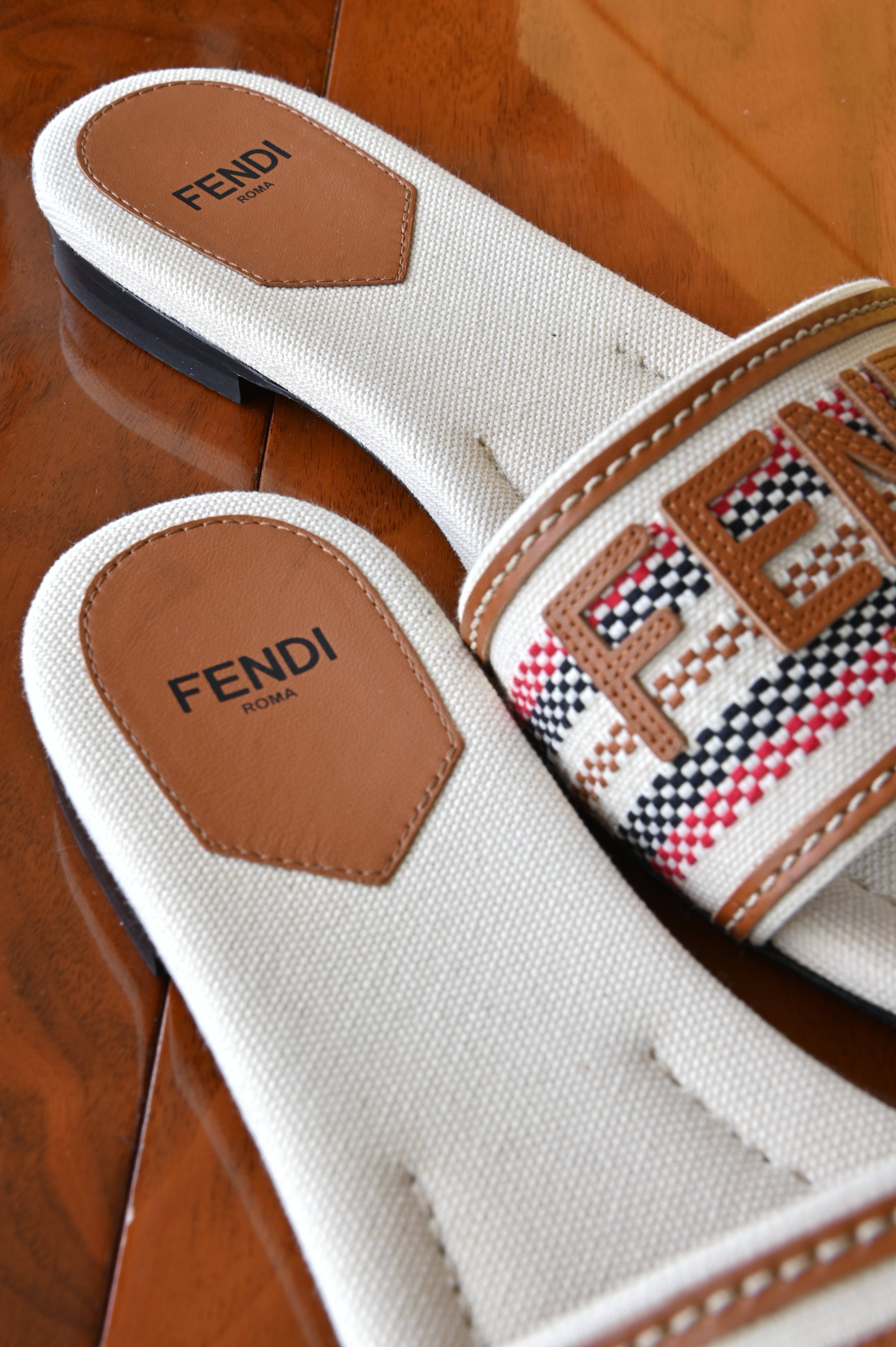 Fendi White Multicolor Striped Logo Flat Sandals back