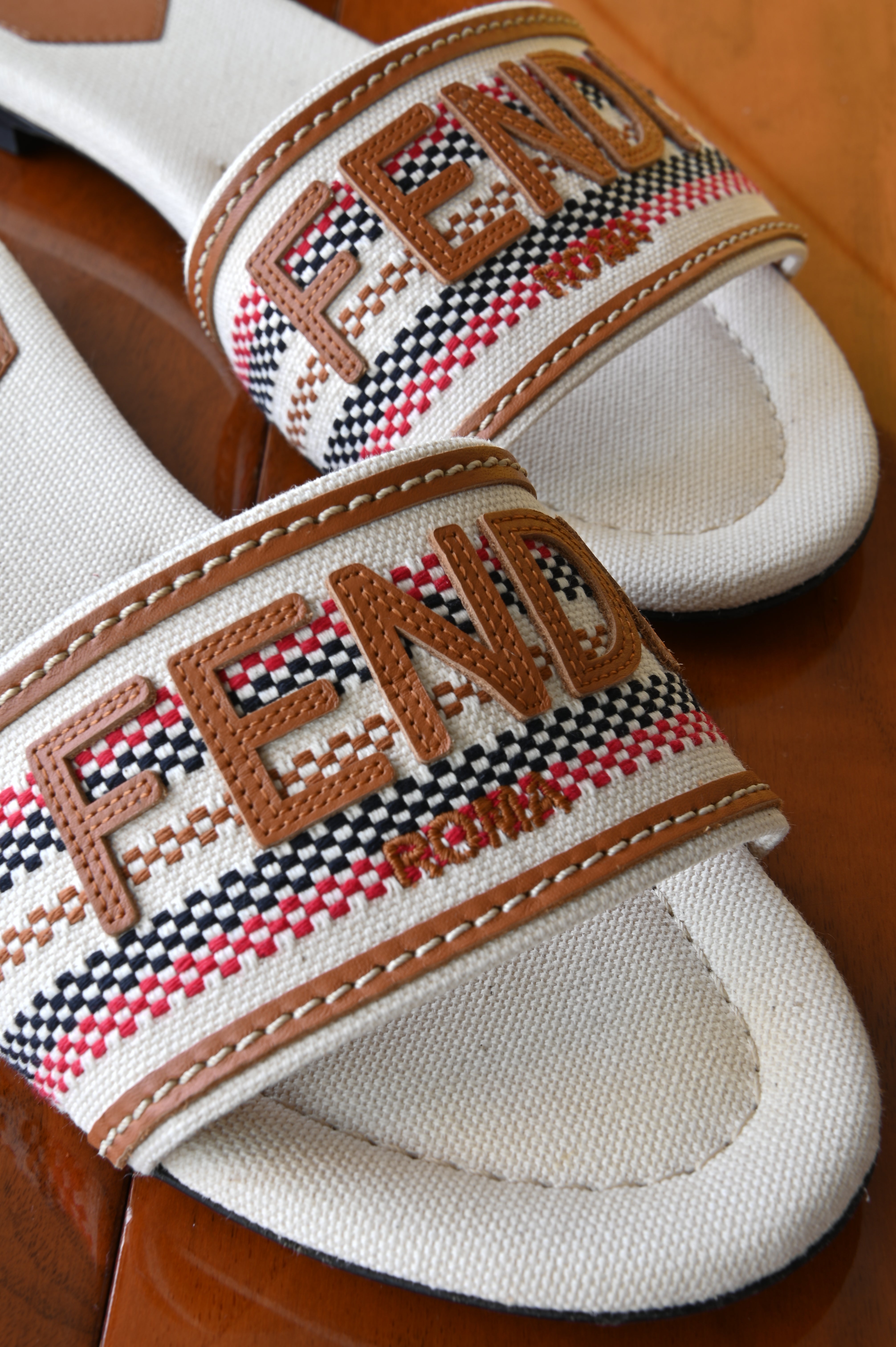 Fendi White Multicolor Striped Logo Flat Sandals front
