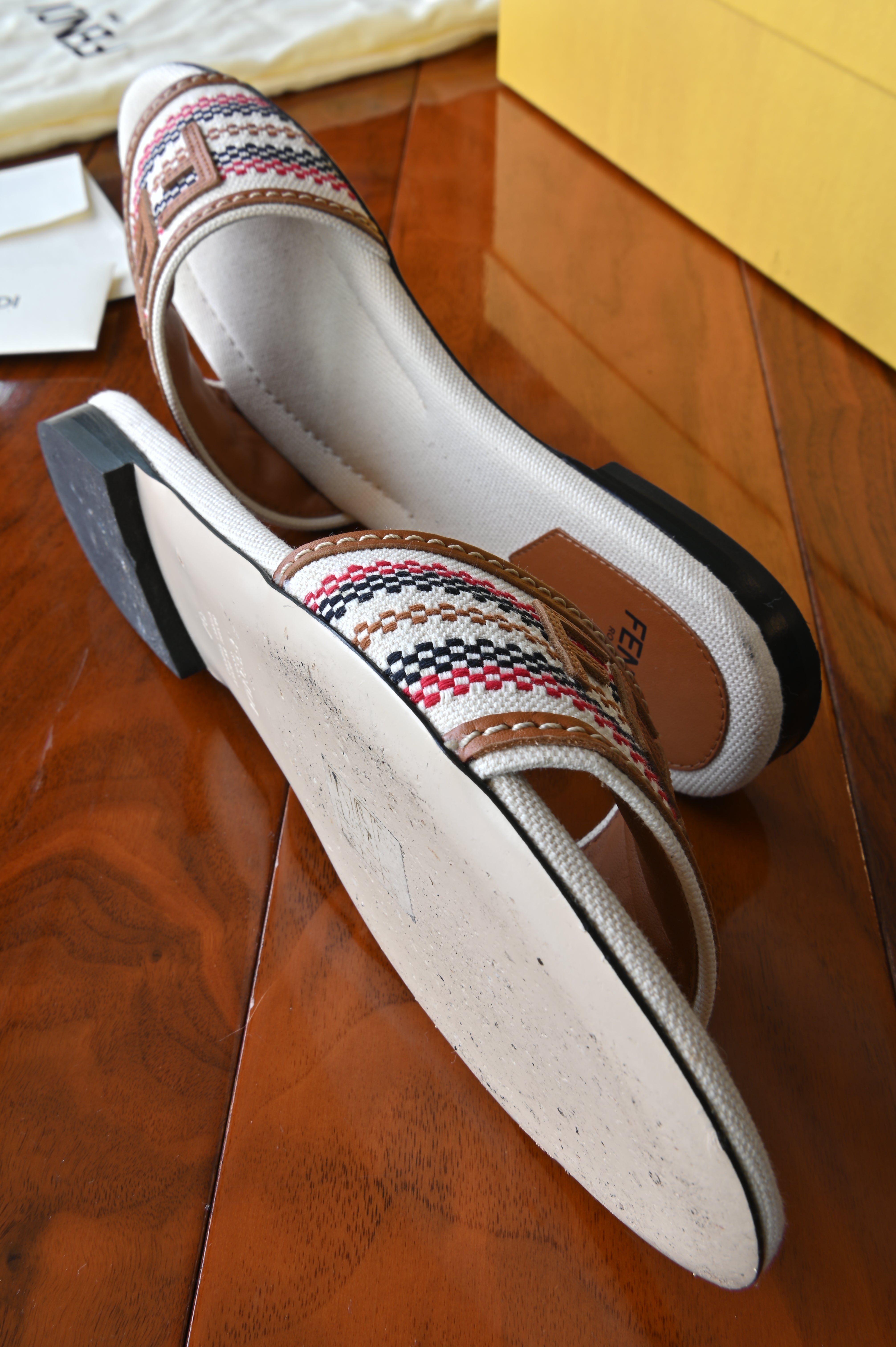 Fendi White Multicolor Striped Logo Flat Sandals side
