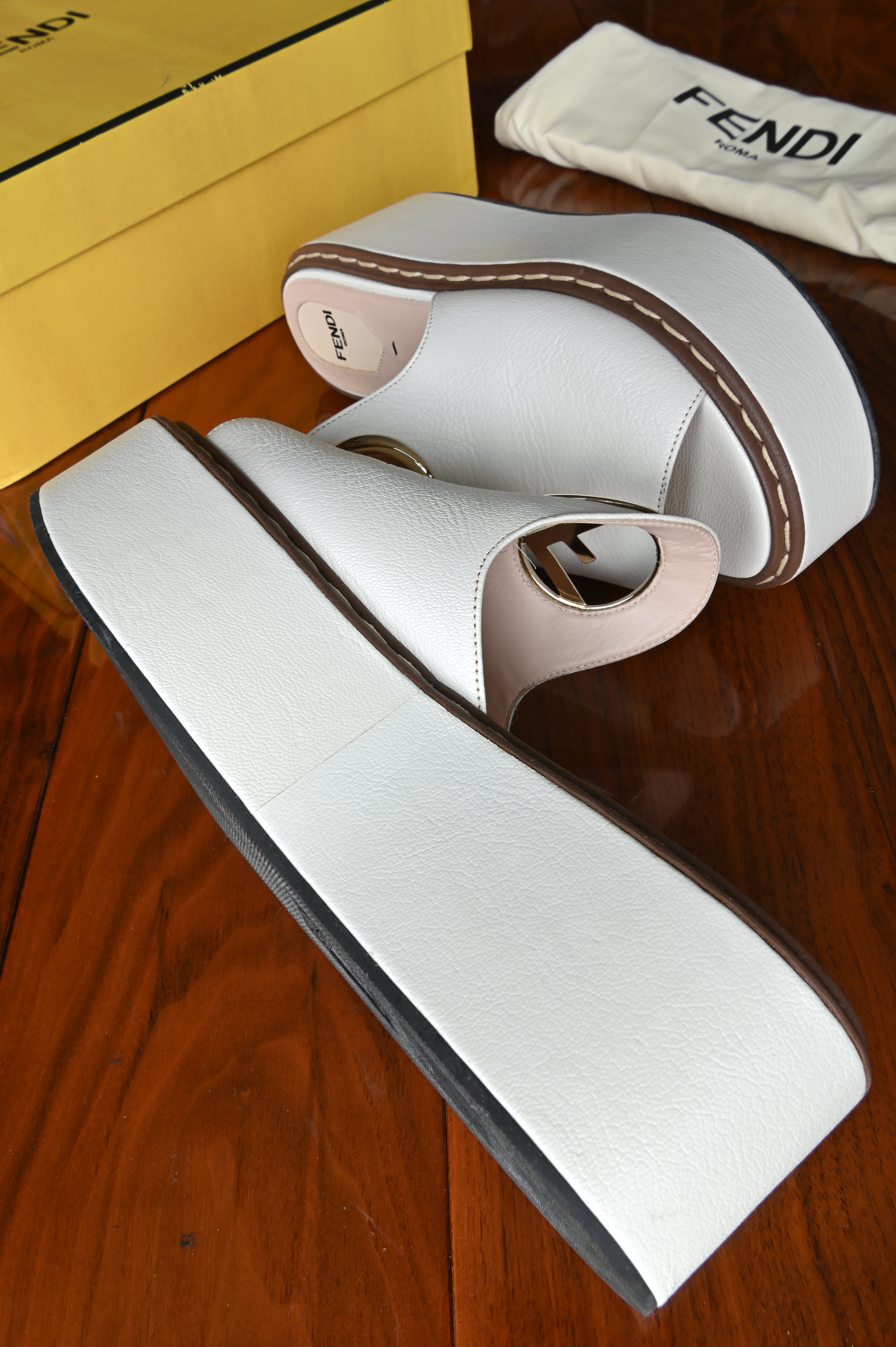 Fendi White Platform Mules side two