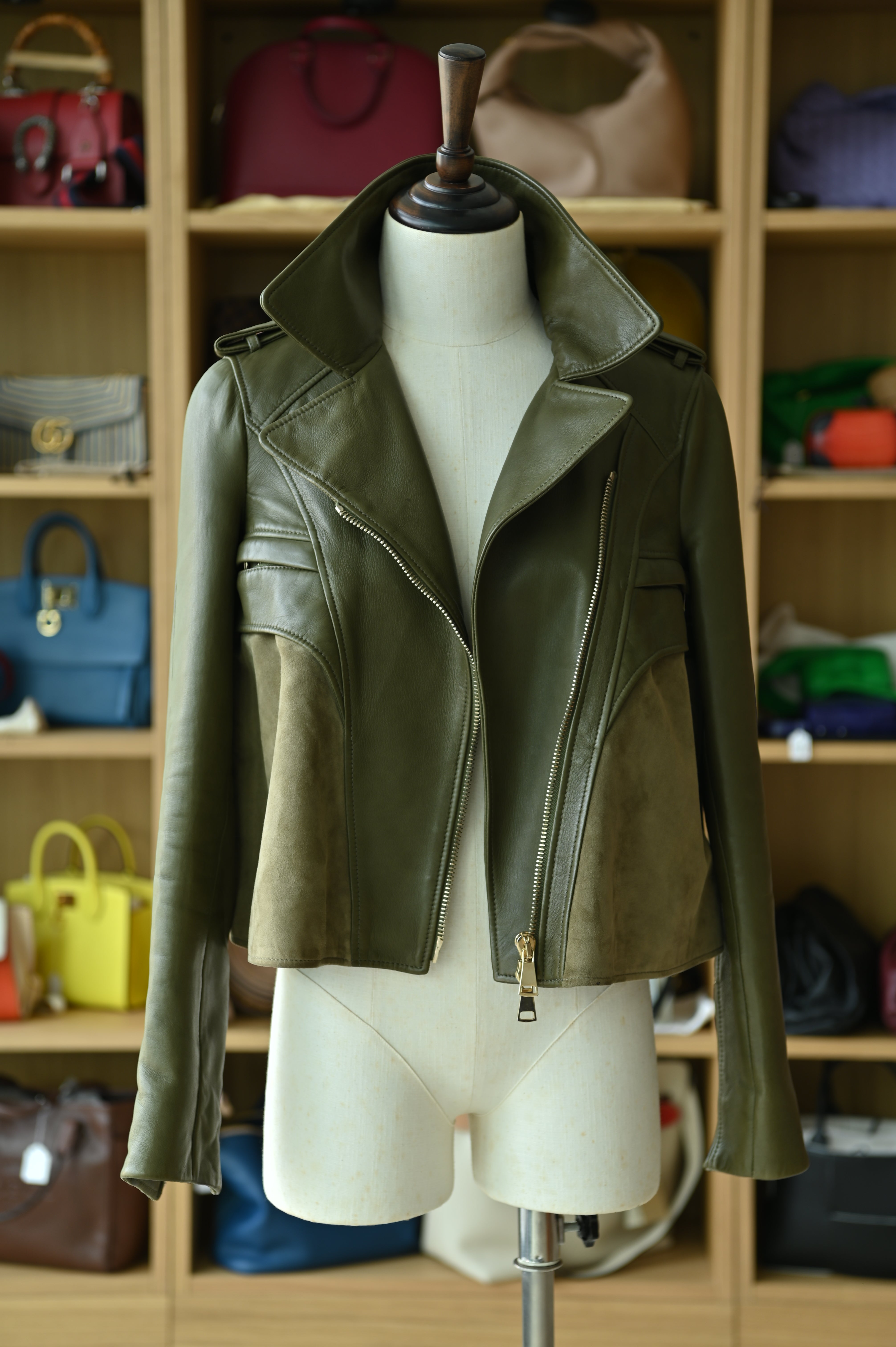 Givenchy Olive Green Leather Biker Jacket neck