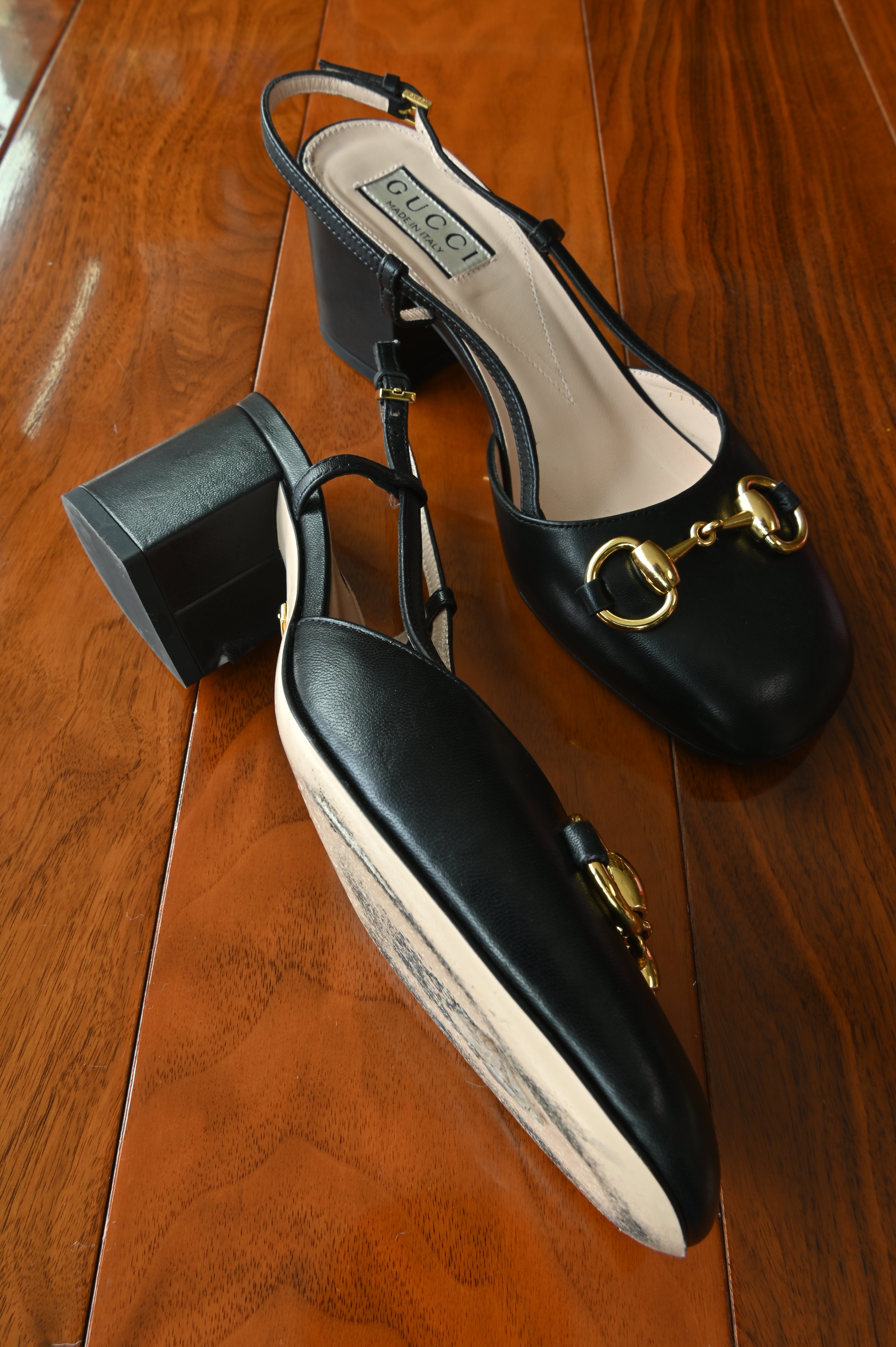 Gucci Black Horsebit Lamb leather Slingback Pumps left