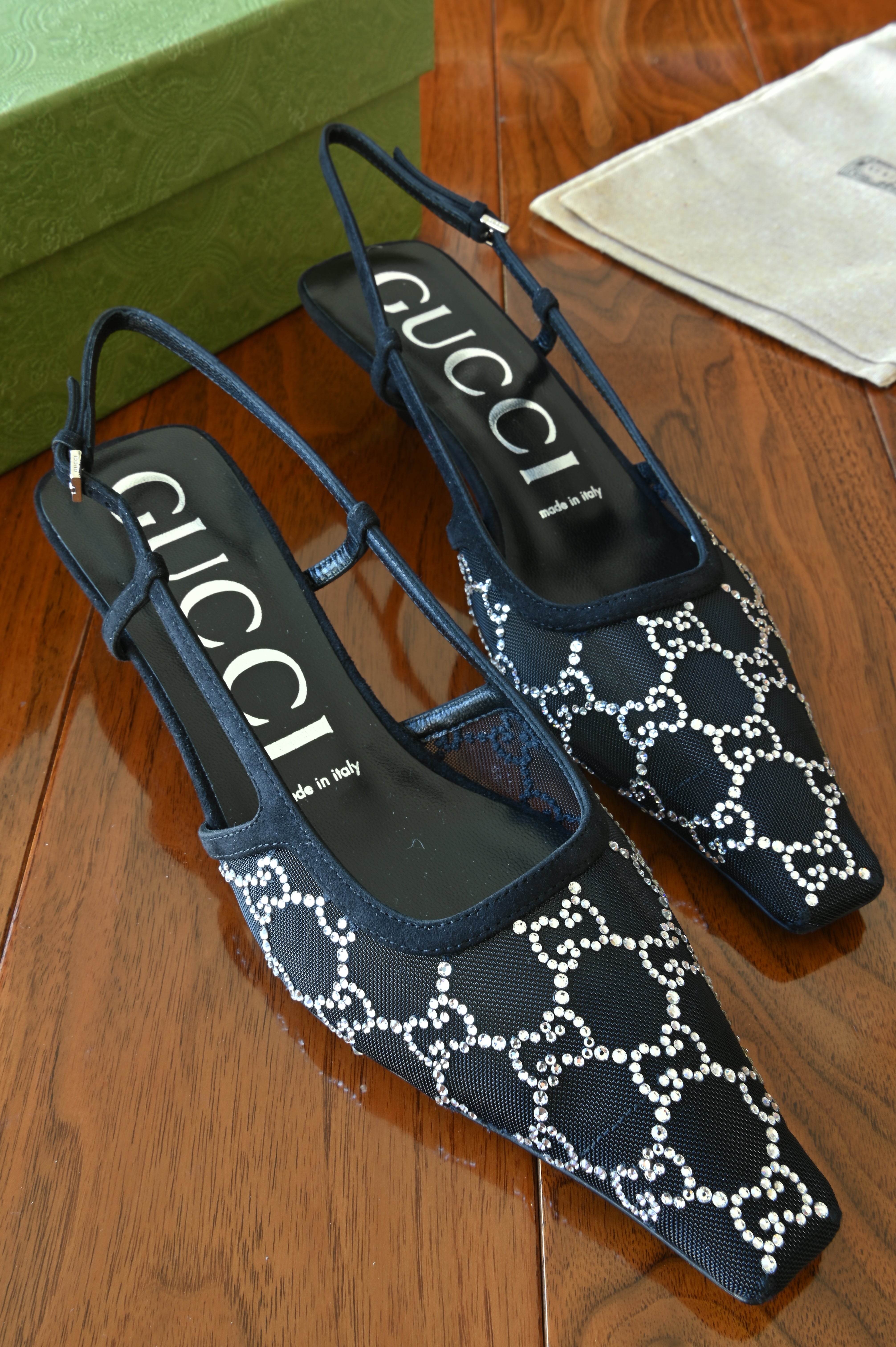 Gucci GG Black Canvas Slingback Heels