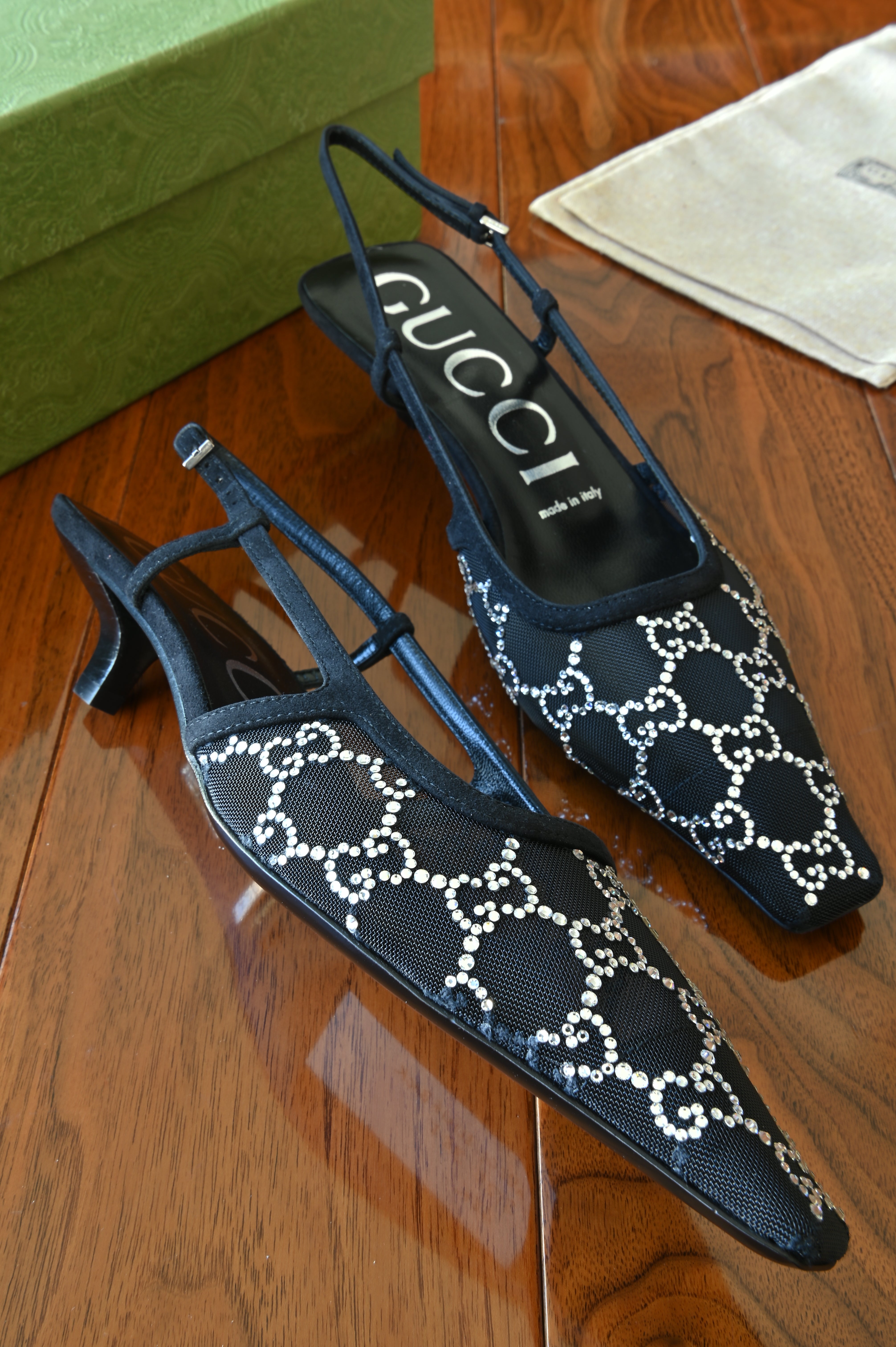 Gucci GG Black Canvas Slingback Heels left