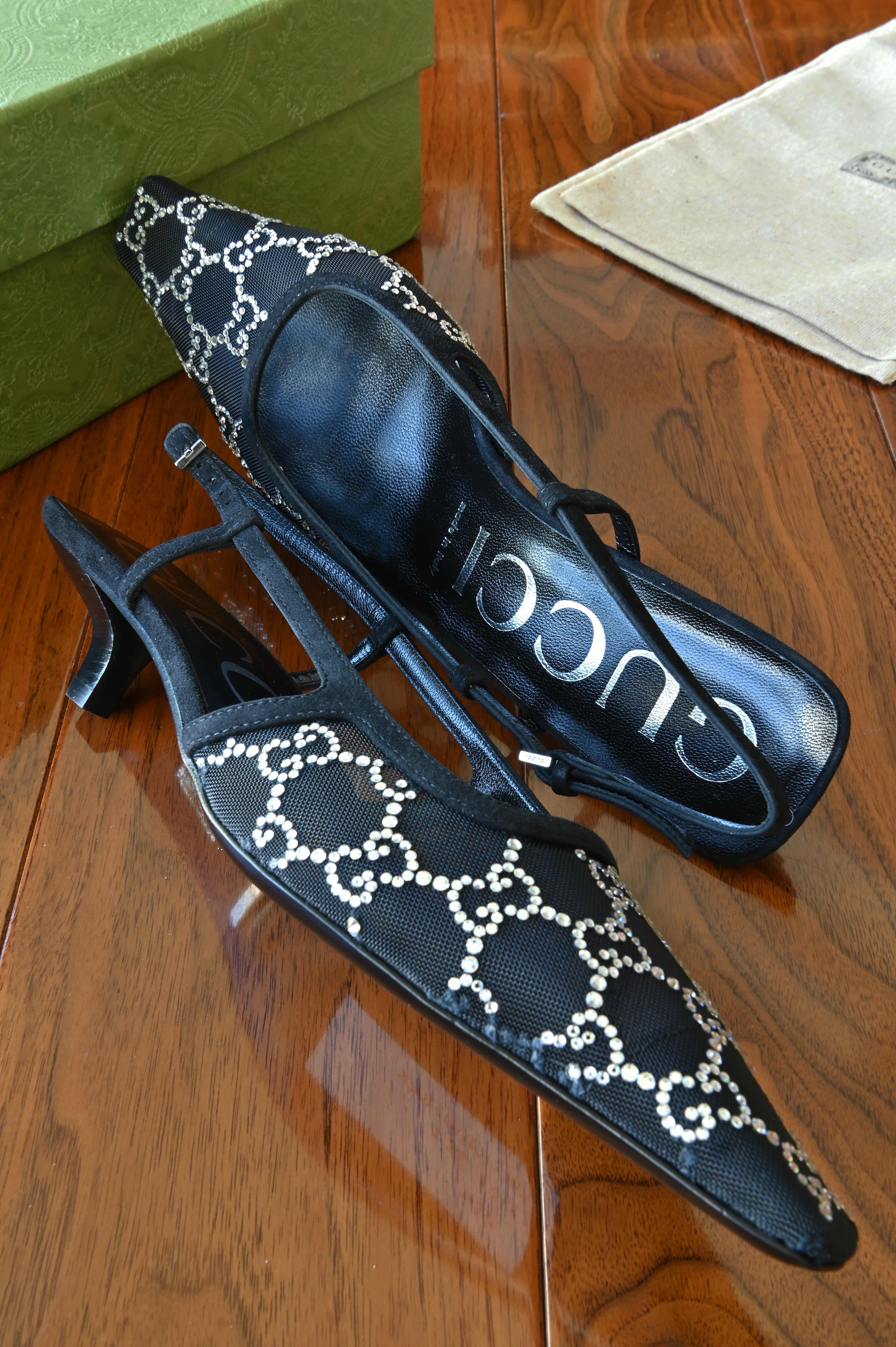 Gucci GG Black Canvas Slingback Heels