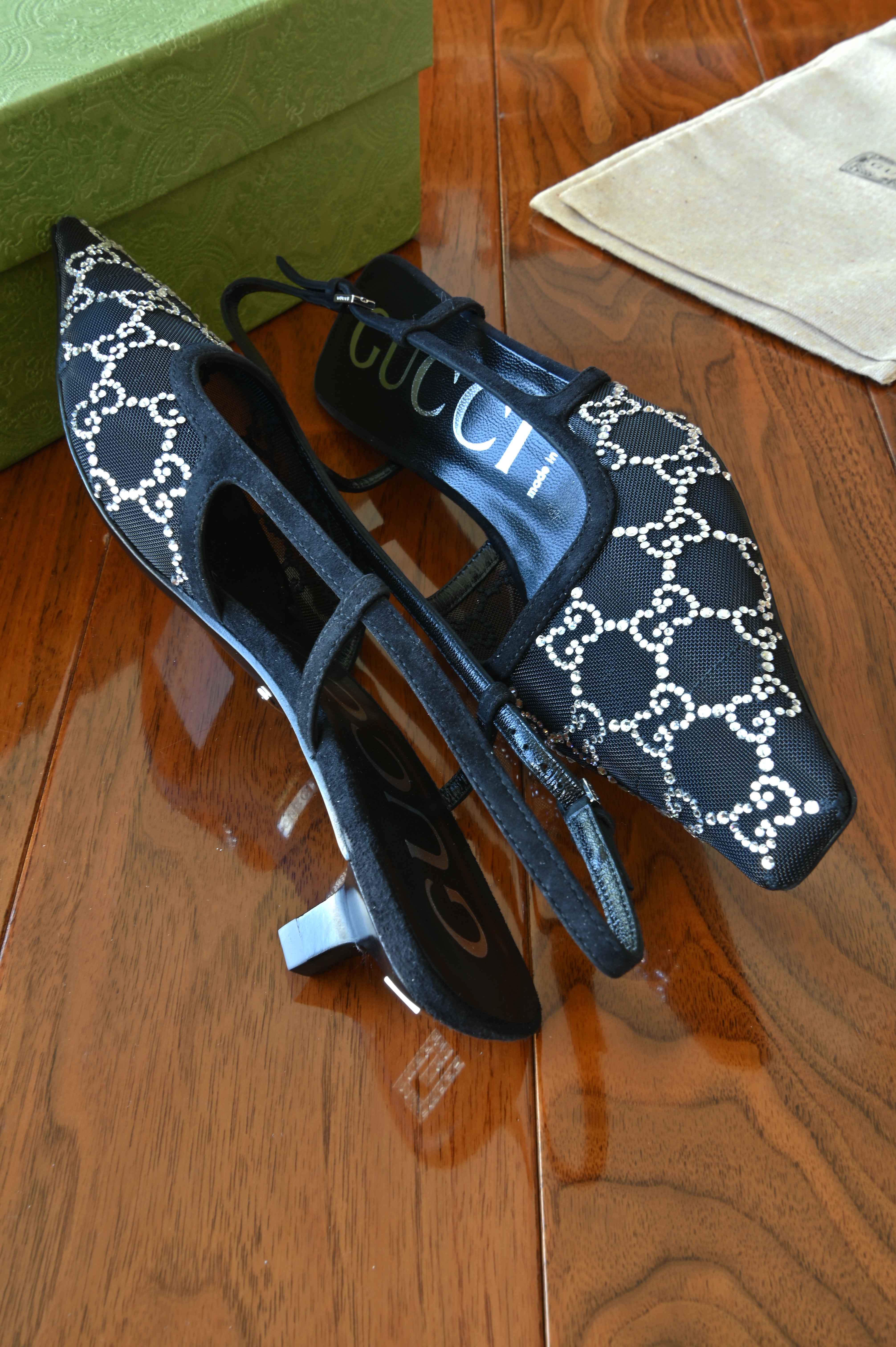 Gucci GG Black Canvas Slingback Heels side two