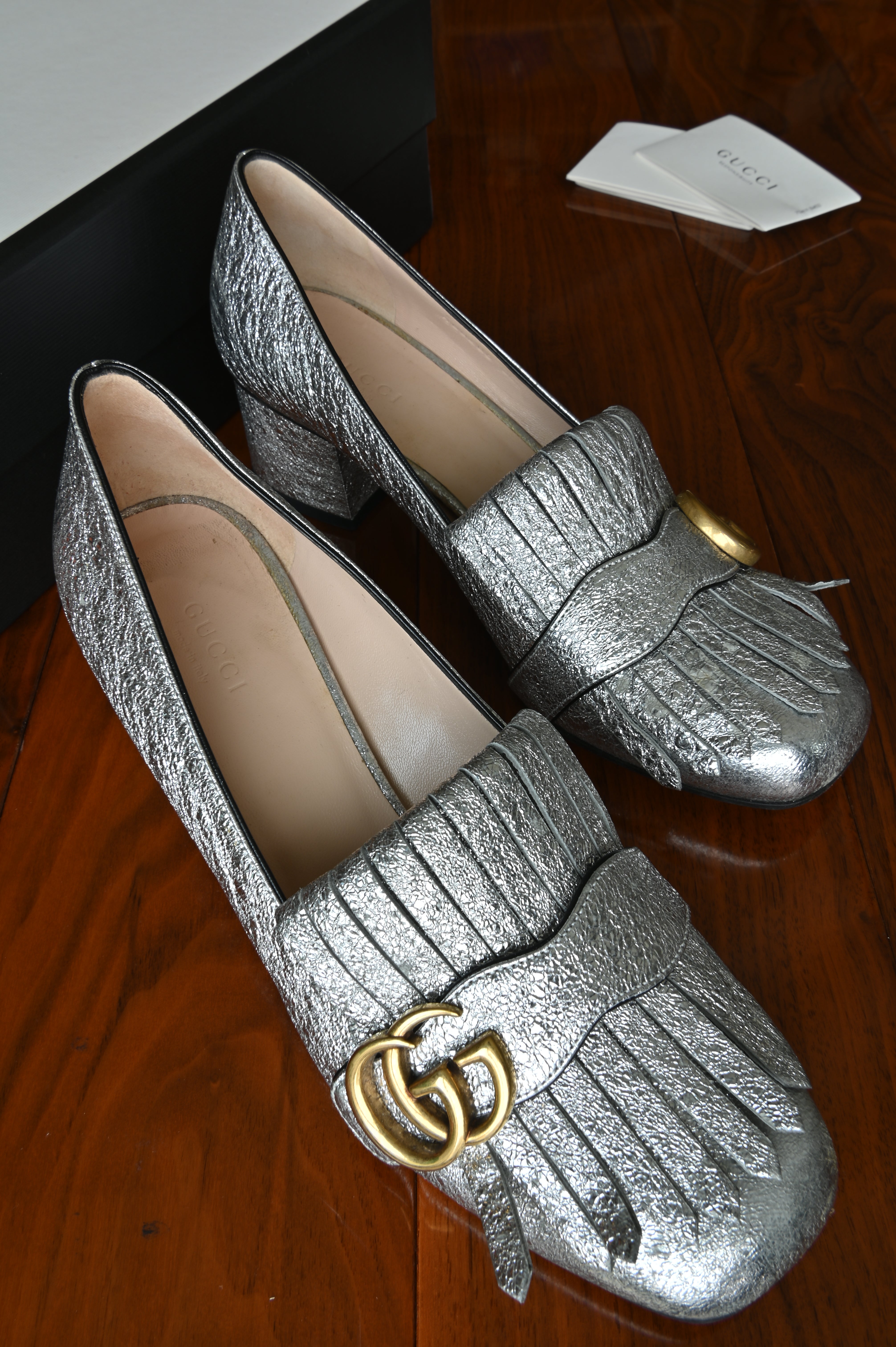 Gucci GG Silver Marmont Fringe Pumps