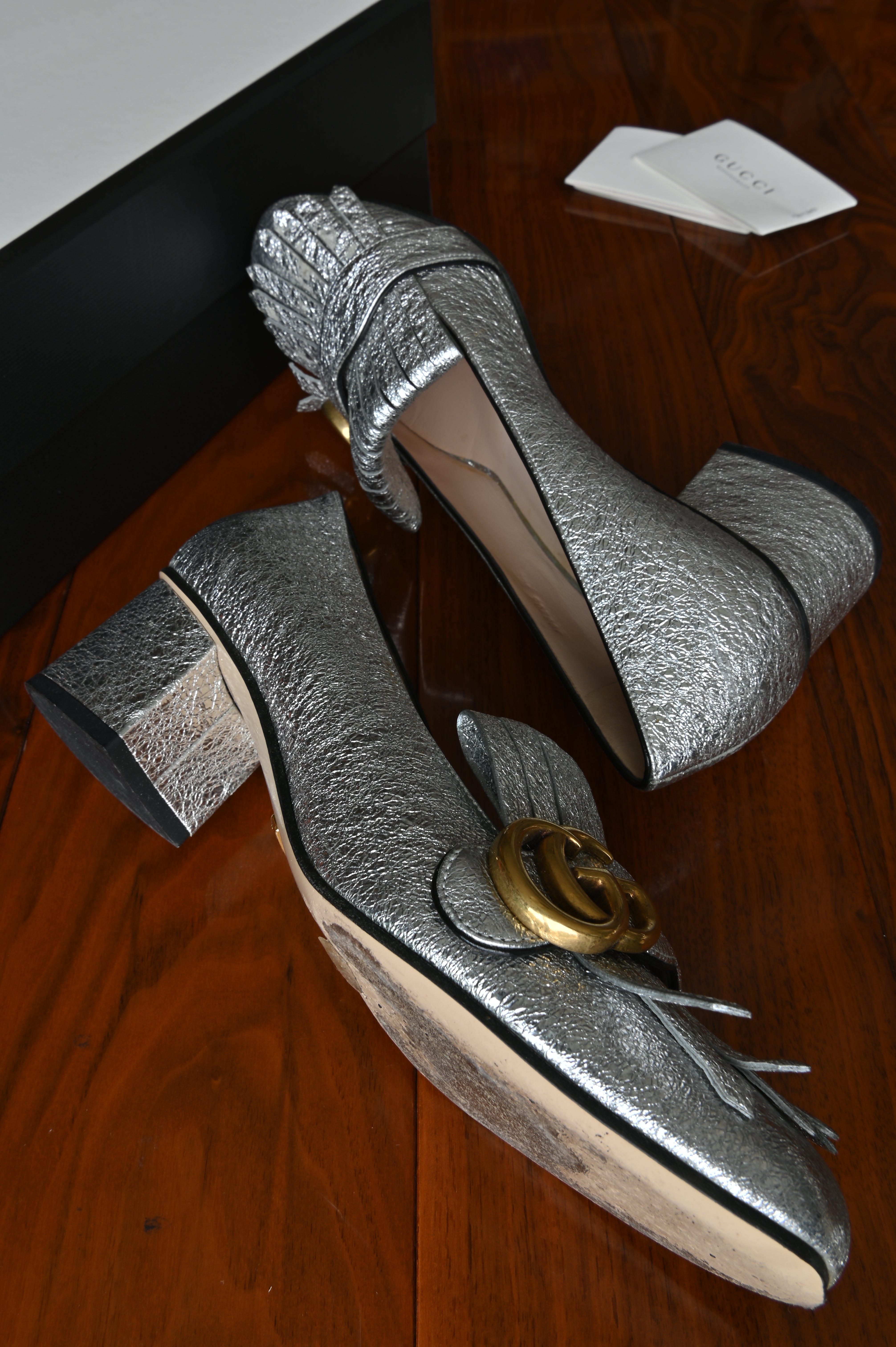 Gucci GG Silver Marmont Fringe Pumps side
