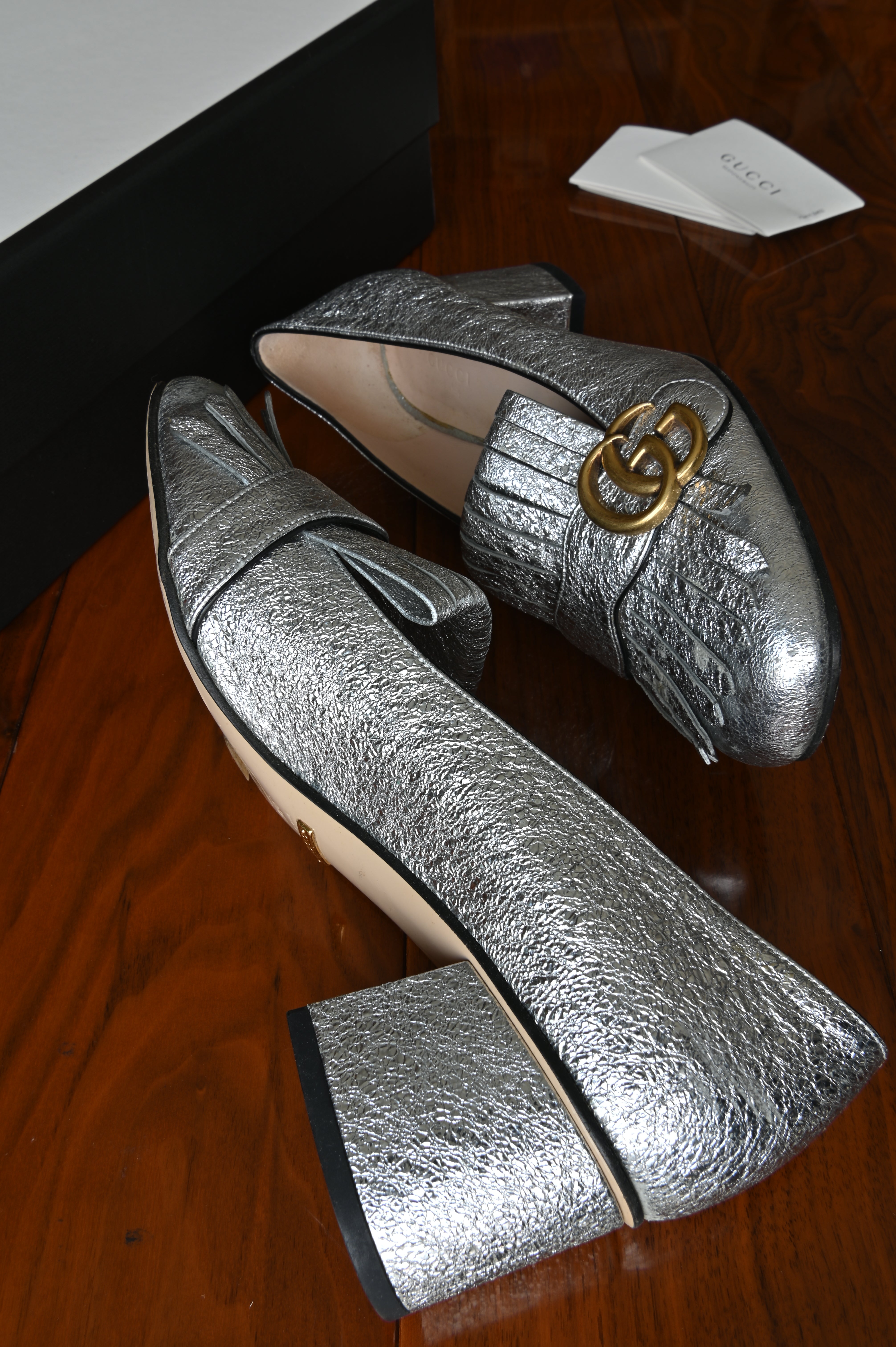 Gucci GG Silver Marmont Fringe Pumps side two