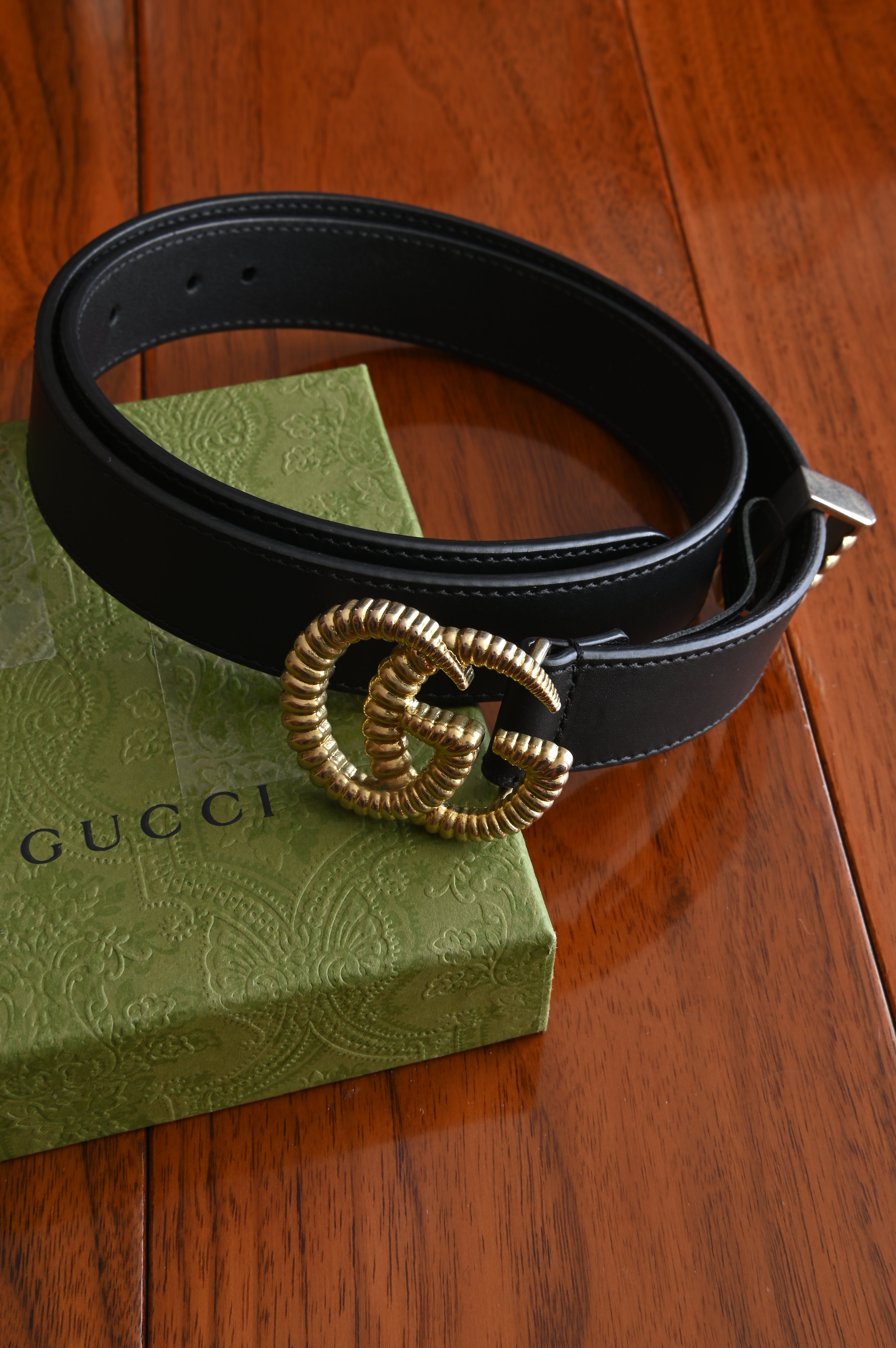 Gucci GG belt in Gold Hardware and black calf front