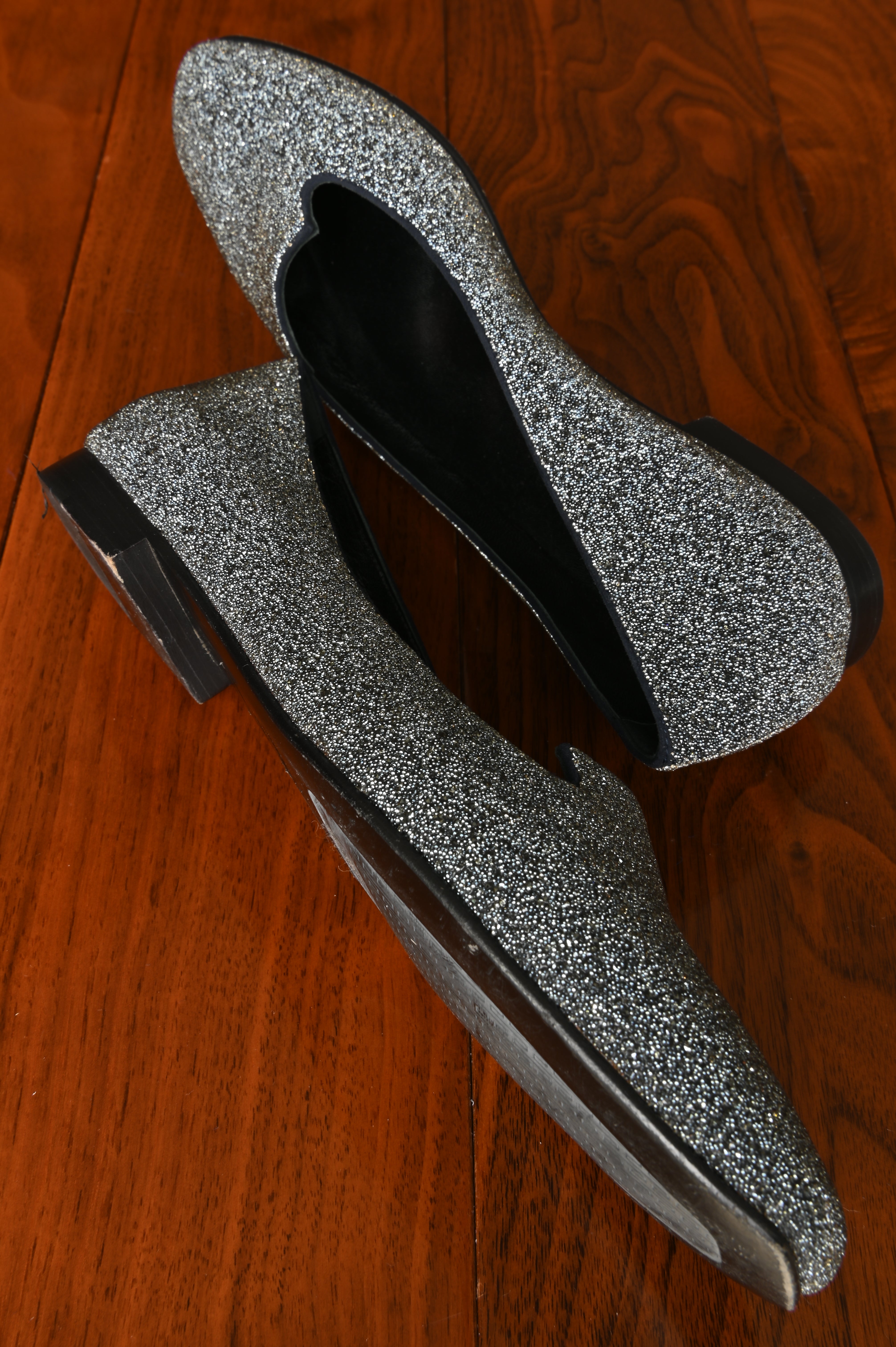 Hermès Silver Glitter Slip-on Holly Loafers side two