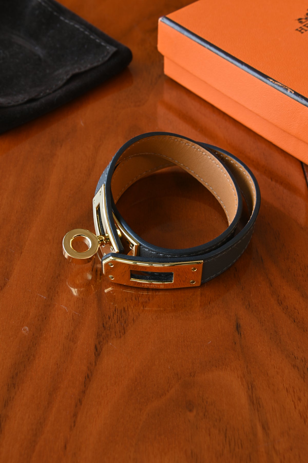 Hermes Grey Mini Kelly Double Tour Bracelet in Gold Hardware angle
