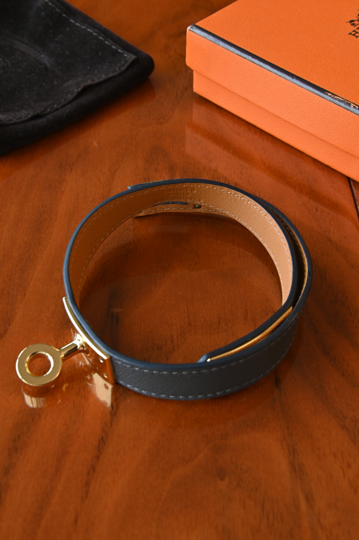 Hermes Grey Mini Kelly Double Tour Bracelet in Gold Hardware engrave