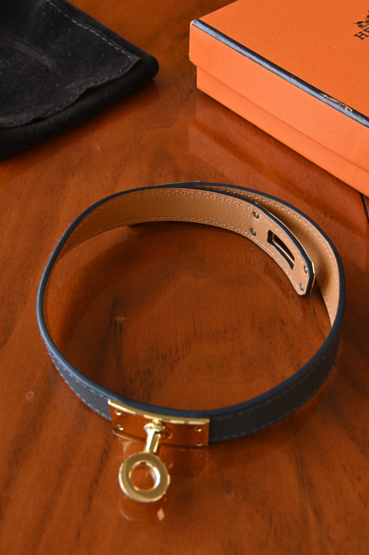 Hermes Grey Mini Kelly Double Tour Bracelet in Gold Hardware open