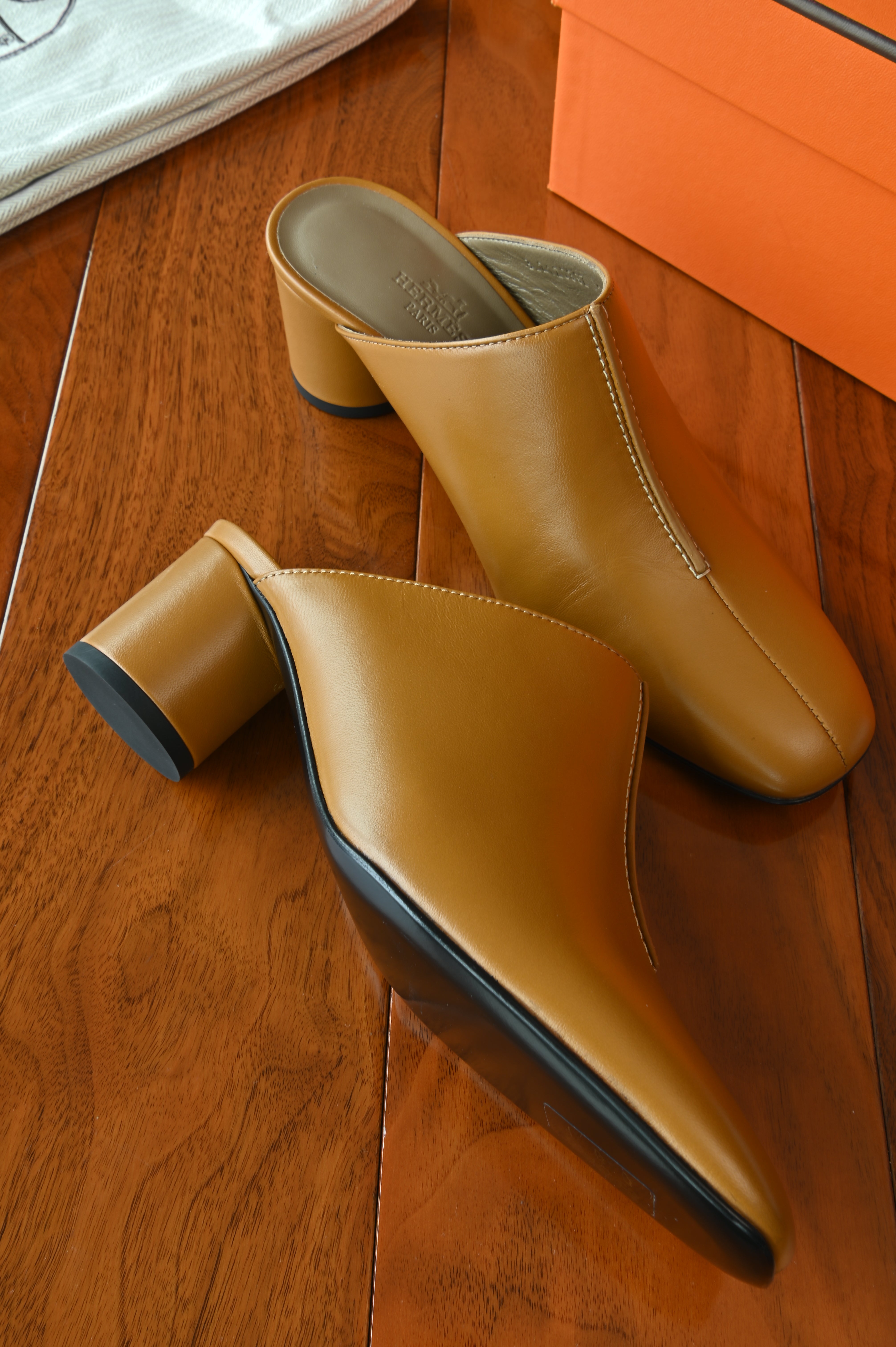 Hermes Mules Femme Detail in Beige Dore left