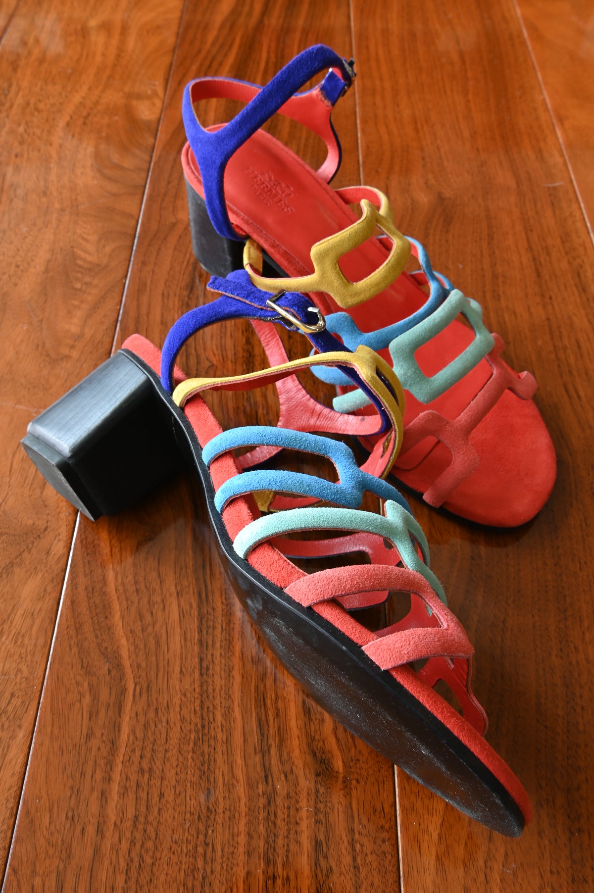 Hermes Oracle MultiColor Suede Sandals left