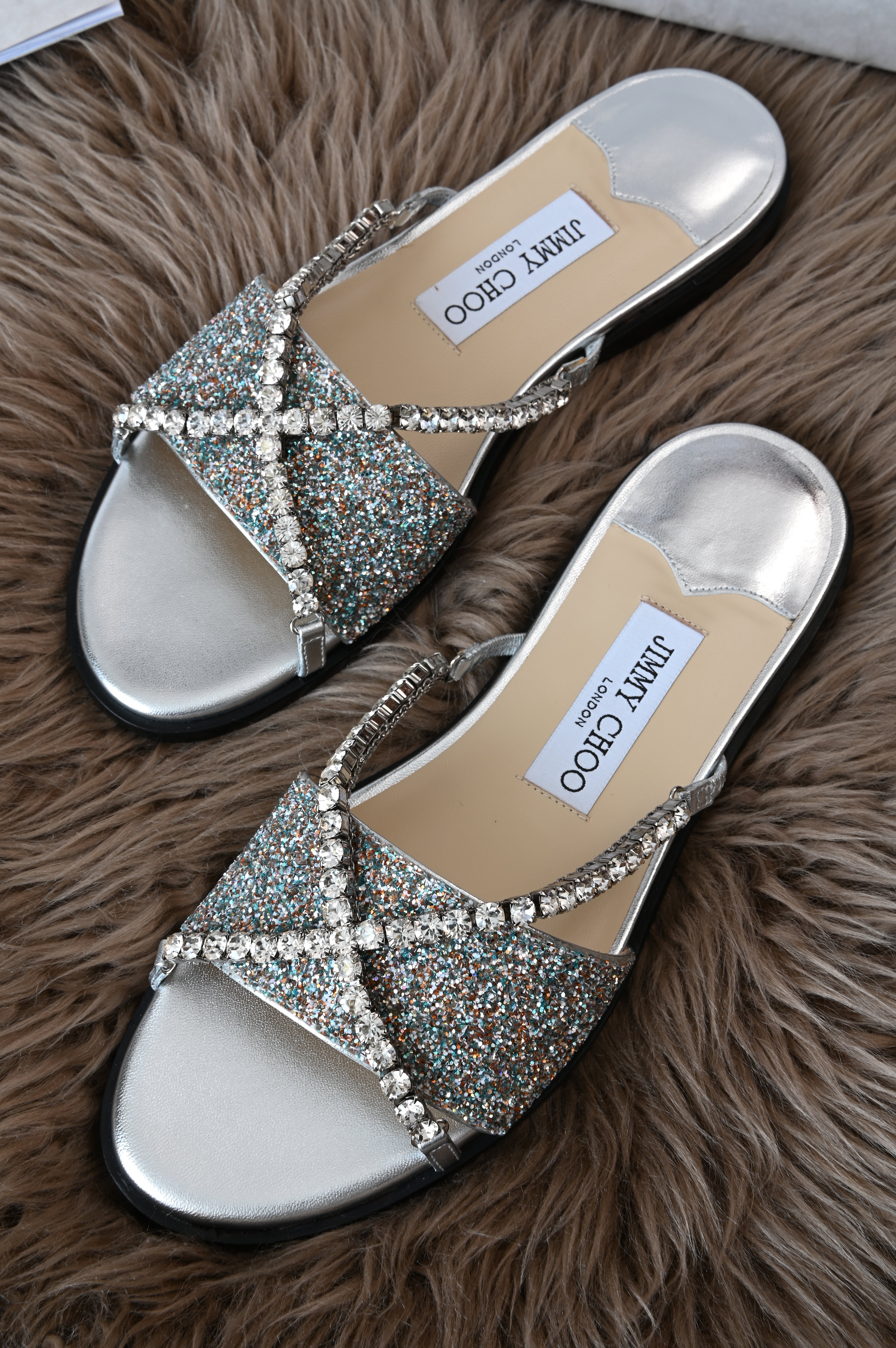 Jimmy Choo Aadi embellished glittered sandals front